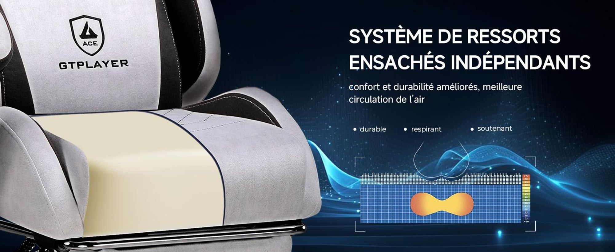 Chaise de jeu GTPLAYER, Chaise de jeu ergonomique en tissu avec soutien lombaire, Chaise PC avec dossier élargi, Charge maximale 150 kg, Gris