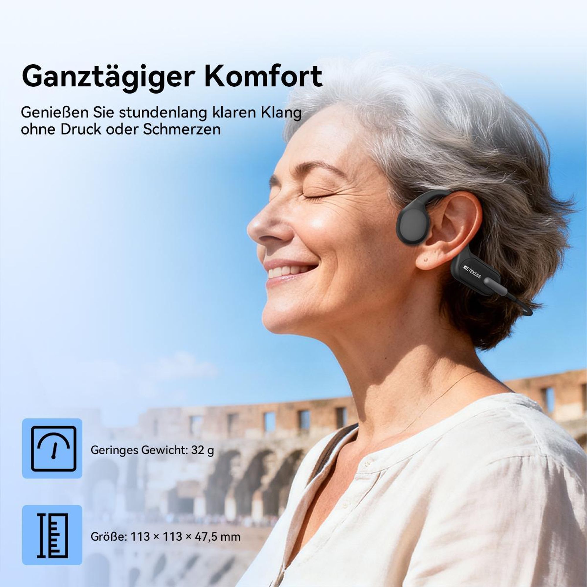 Retekess TT042 Knochenleitungskopfhörer, Hörhilfegerät, zwei Modi, 200 mAh, 6 Lautstärkestufen, Typ-C,Breite Kompatibilität, für Seniorenreisegruppen
