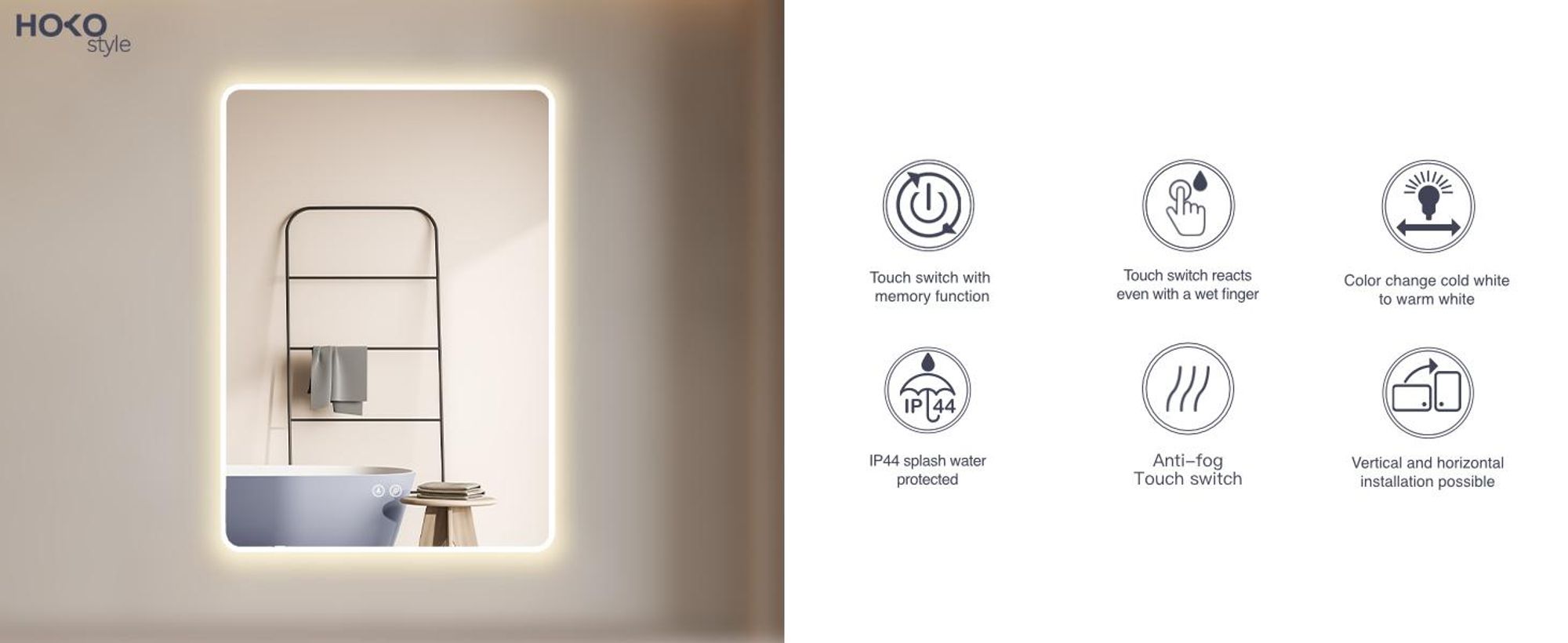 Specchio da bagno HOKO antiappannamento LED 50x70 cm con cornice di montaggio HIGH+QUER. Interruttore touch+cambio di luce bianco caldo-bianco freddo-neutro. Funzione di memoria