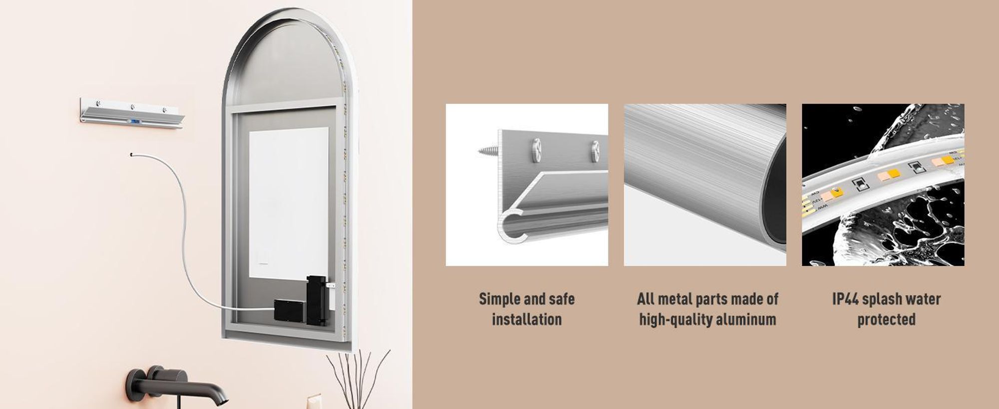 HOKO Miroir arqué LED avec cadre métallique 60x100 cm Anti-buée Blanc chaud & Blanc froid Salle de bain & couloir Capteur tactile & fonction mémoire