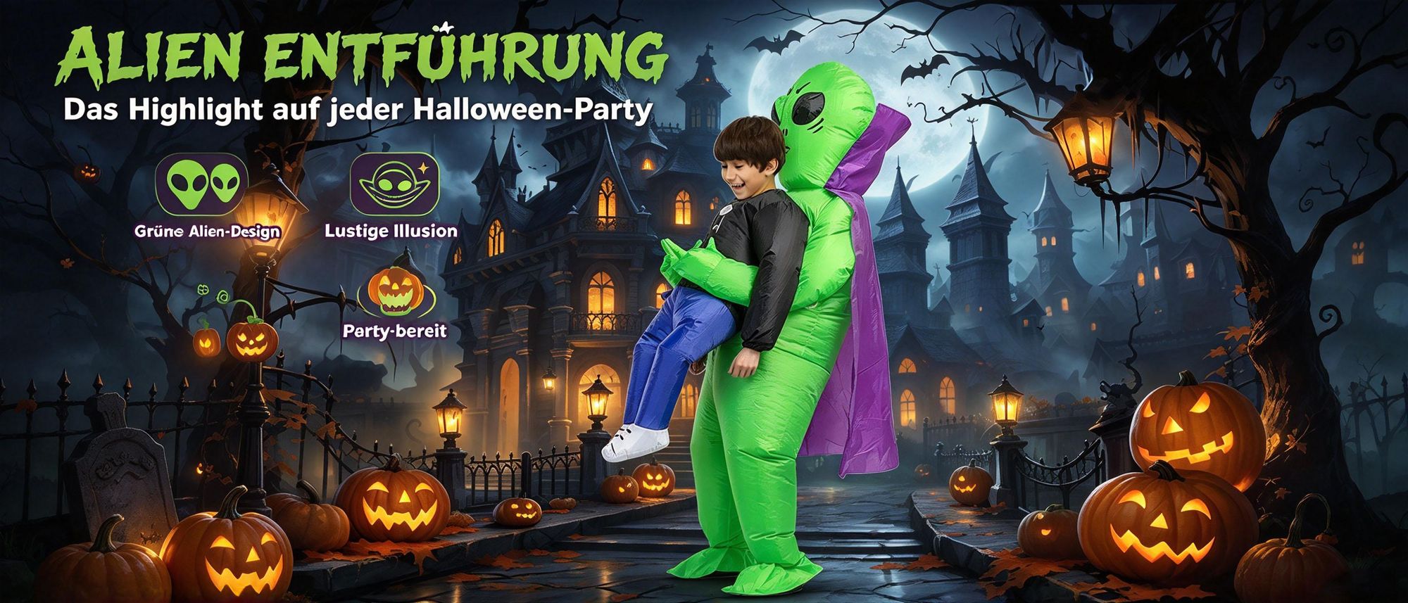Juksun Alien Kostüm 120-150cm für Kinder Polyester grün aufblasbar mit Umhang für Halloween Karneval Party