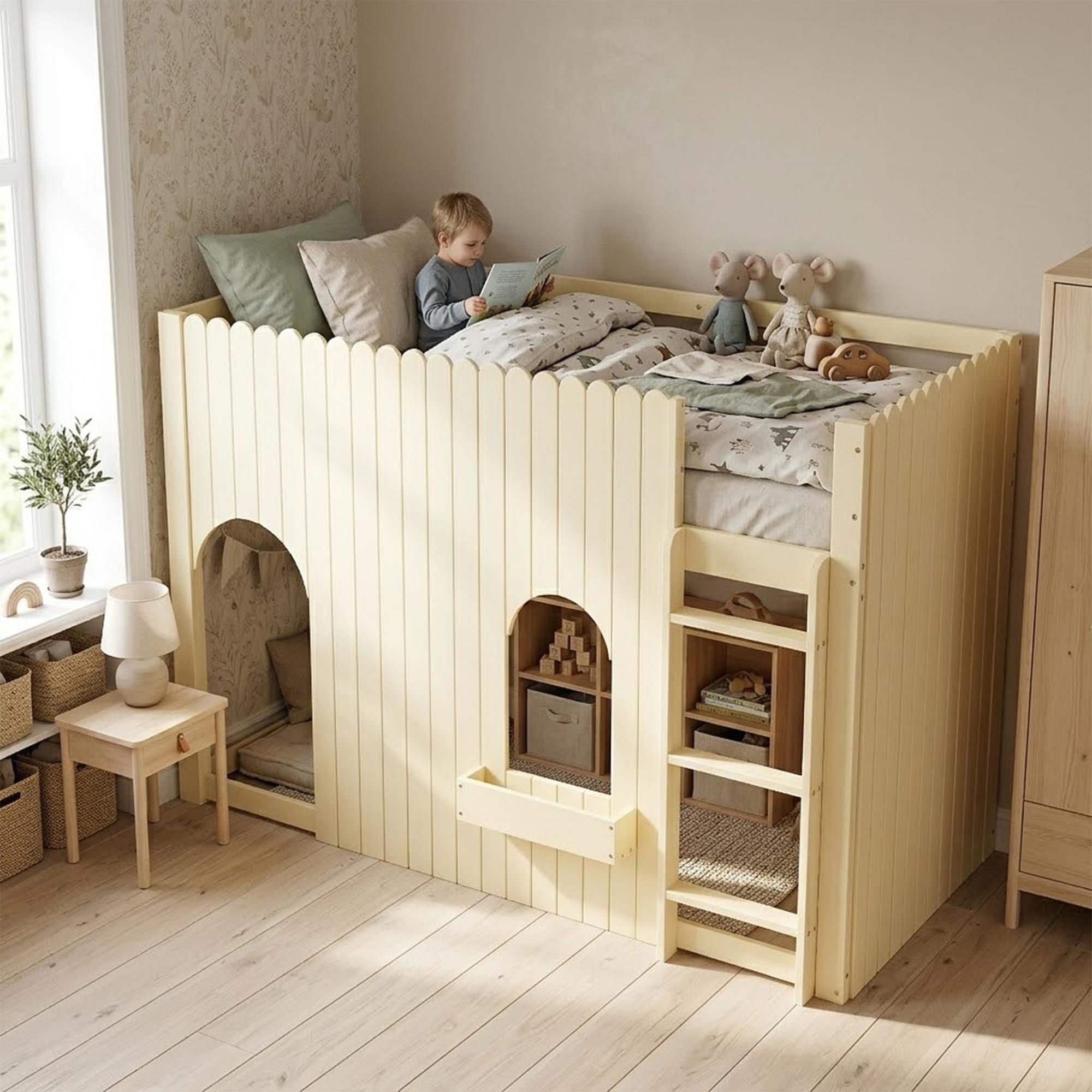 Flieks Etagenbett 90x200cm mit Led, Kinderbett Hausbett mit Fenster und Ablage, Hochbett Einzelbett mit Rausfallschutz und Leiter, Naturbelassen