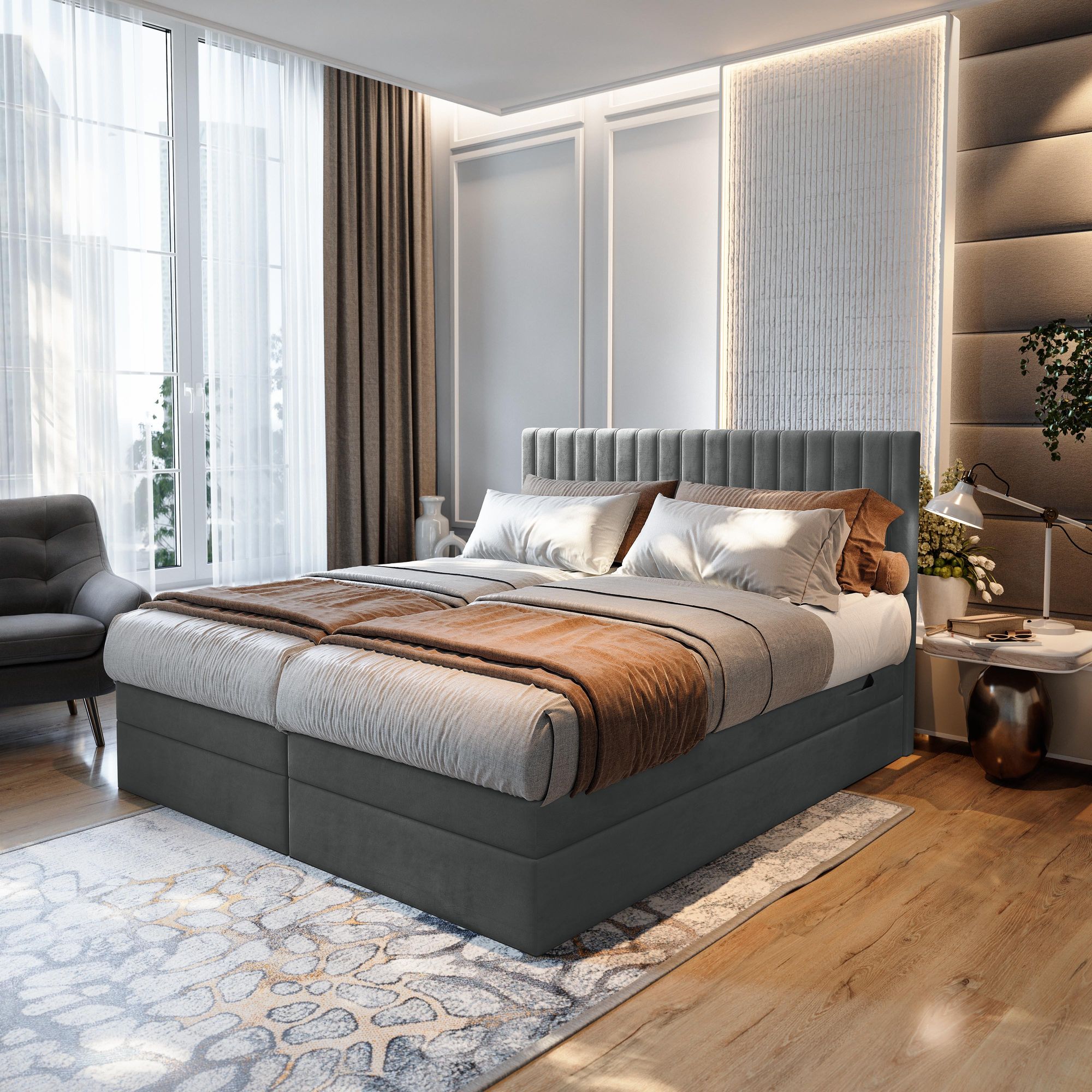 TRADA Adele Boxspringbett 140x200 Elektrisch verstellbar Taschenfederkern Doppelmatratze 9 Zonen Topper Bett mit Bettkasten Velour Stoff Beige