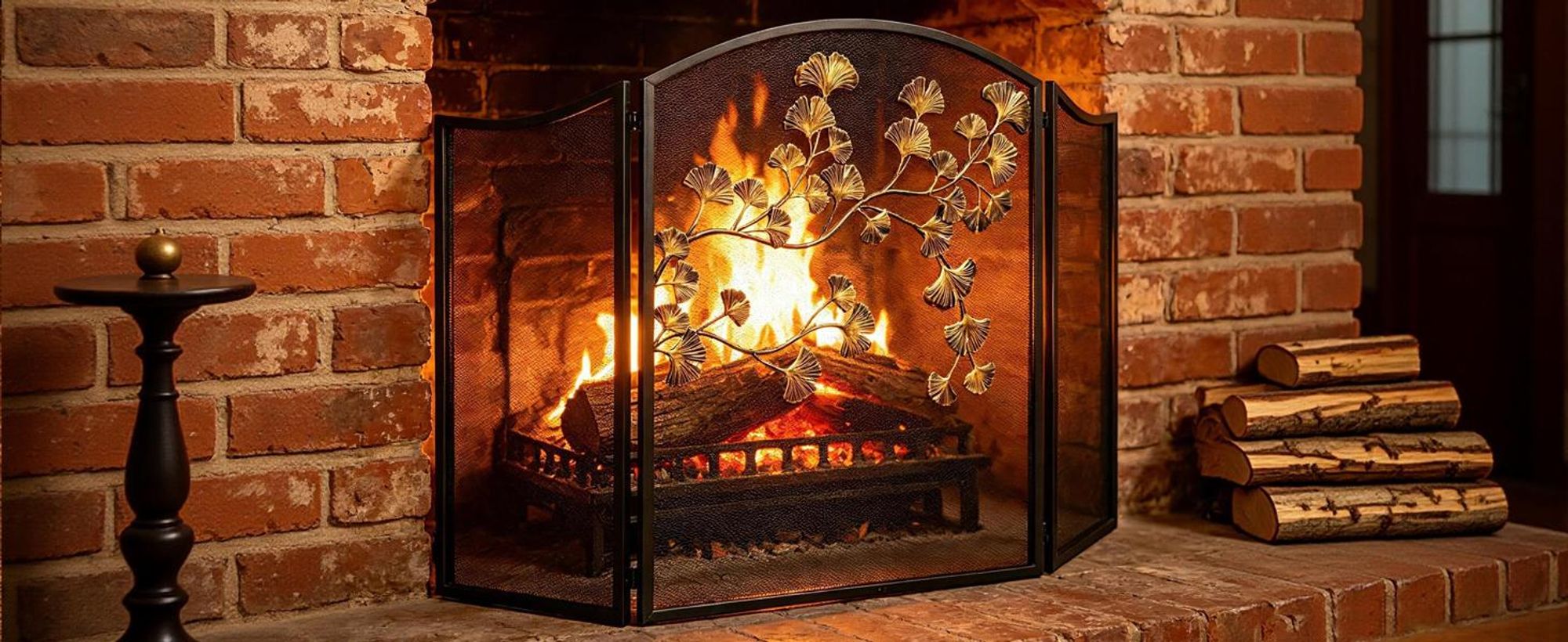 WISFOR Funkenschutzgitter 3-teilig Kaminschirm faltbar 121 x 76 cm mit Blättern
