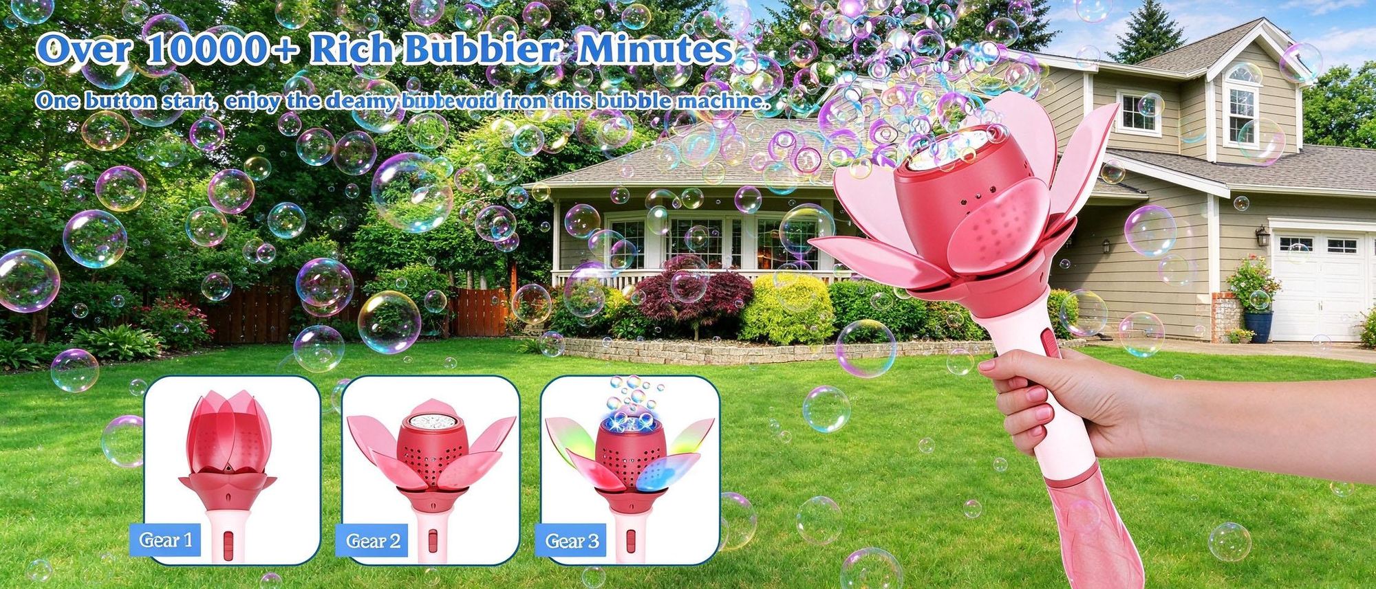 Juksun Seifenblasen Lotusblume pink 10x33cm 120ml Seifenblasenmaschine elektrisch Seifenblasenstab Licht für Kinder Party und Garten