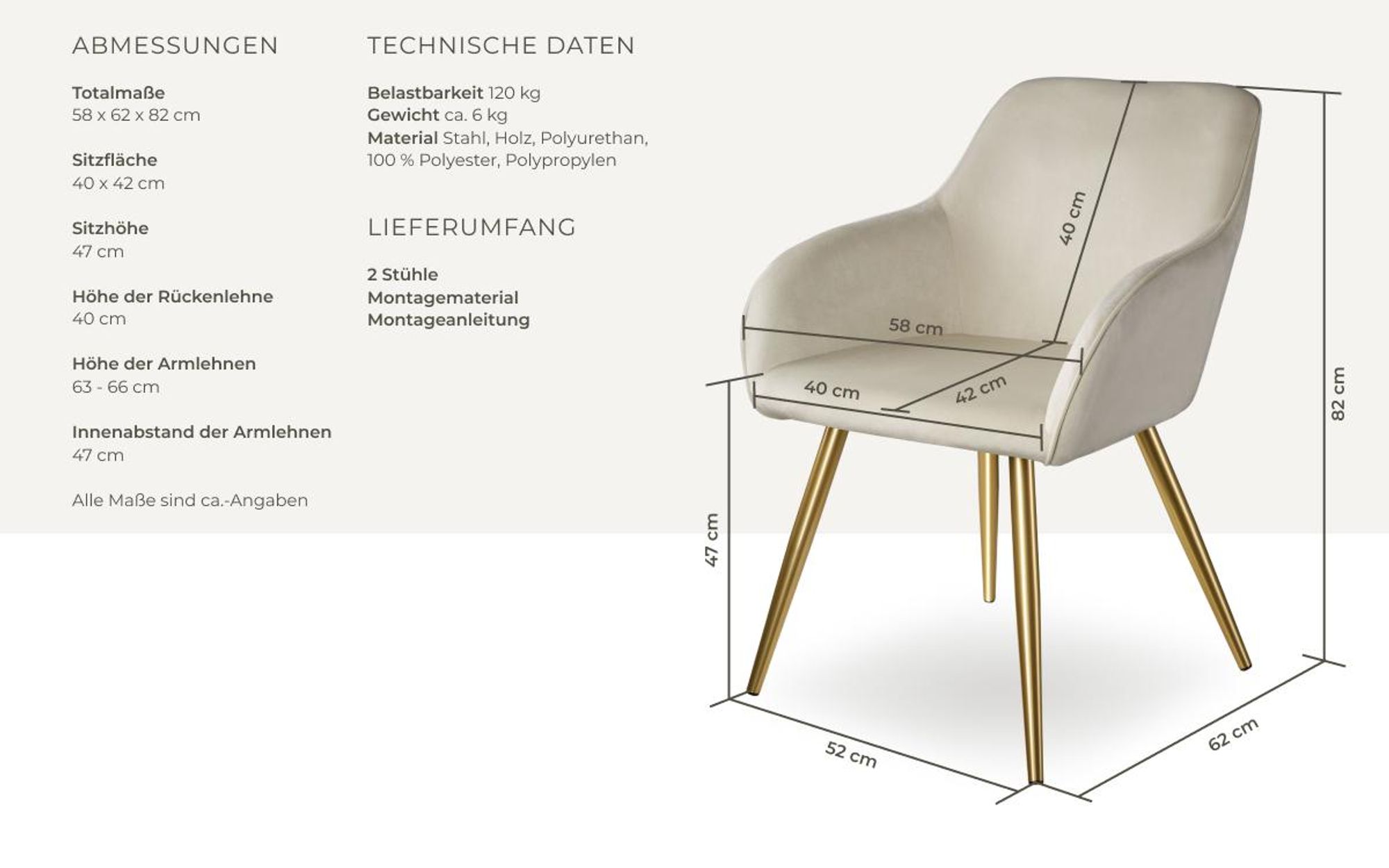 tectake® Esszimmerstuhl Marilyn gepolstert, in Samtoptik 58 x 62 x 82 cm