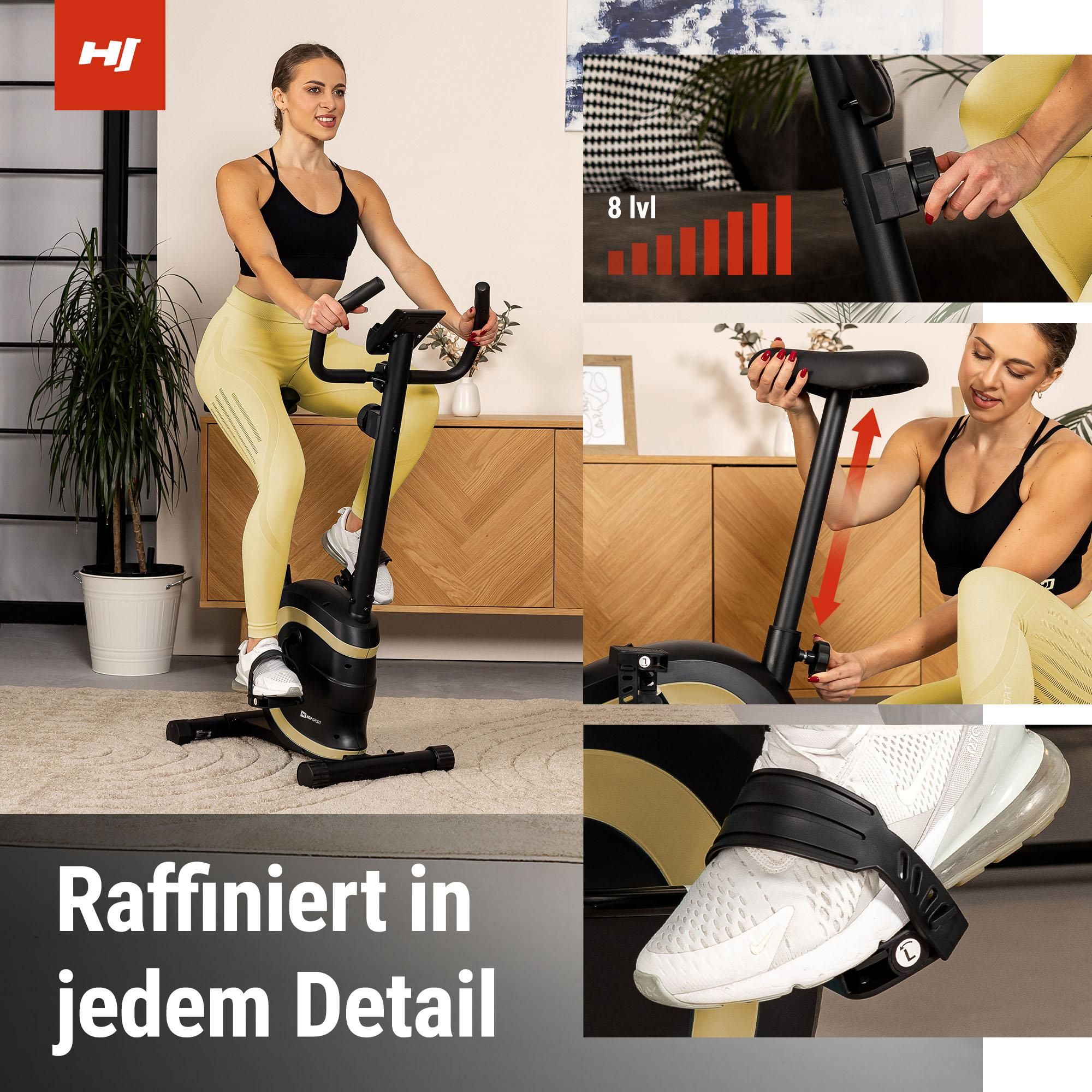 HOP SPORT® HS-015H Heimtrainer Fahrrad für Zuhause mit magnetischem Widerstandssystem, Pulsmessung, 8 Stufen - Hometrainer, Fitnessbike 120 kg, Gold