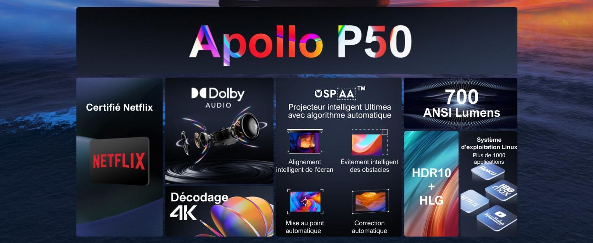 Projecteur ULTIMEA 4K Home Cinema Supporté, Projecteur Netflix, 700 ANSI-Lumen, Dolby Audio, Ajustement de l'écran & évitement d'objet