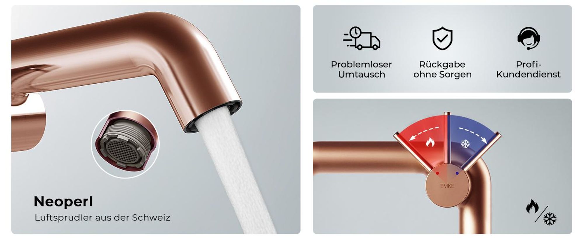 EMKE Einhebel-Waschtischarmatur, Badarmaturen 222x200x76mm  G3/9", Wassersparend, Korrosionsschutz, Bleifreies Messing, Rosengold