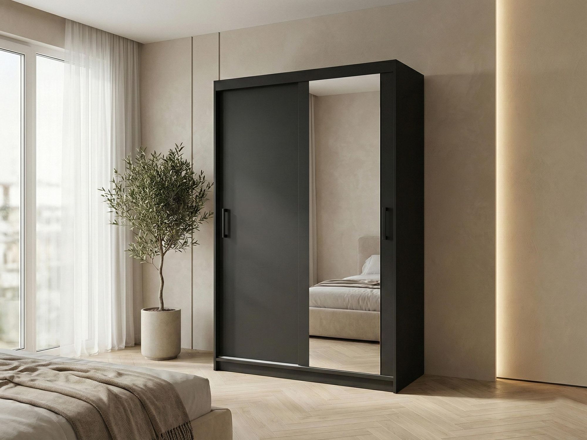 BEAUTYSOFA | Schwebetürenschrank HELA 100 cm Schwarz – 2-türig Moderner Kleiderschrank mit Spiegel und Schiebetüren