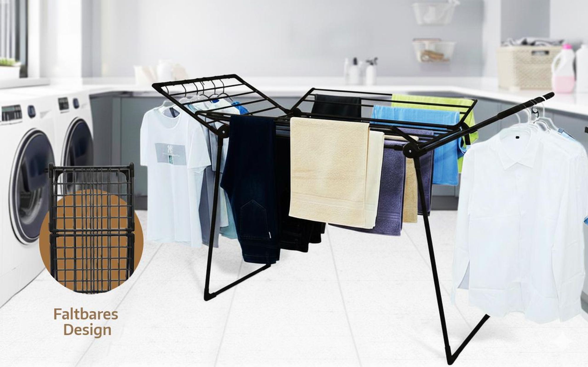 Meisterhome® Extra großer und Stabiler Wäscheständer - Schwarz - Standtrockner mit Flügeln für Lange Kleidungsstücke, standfester Flügelwäschetrockner - für drinnen und draußen - 25m Trockenleinenlänge