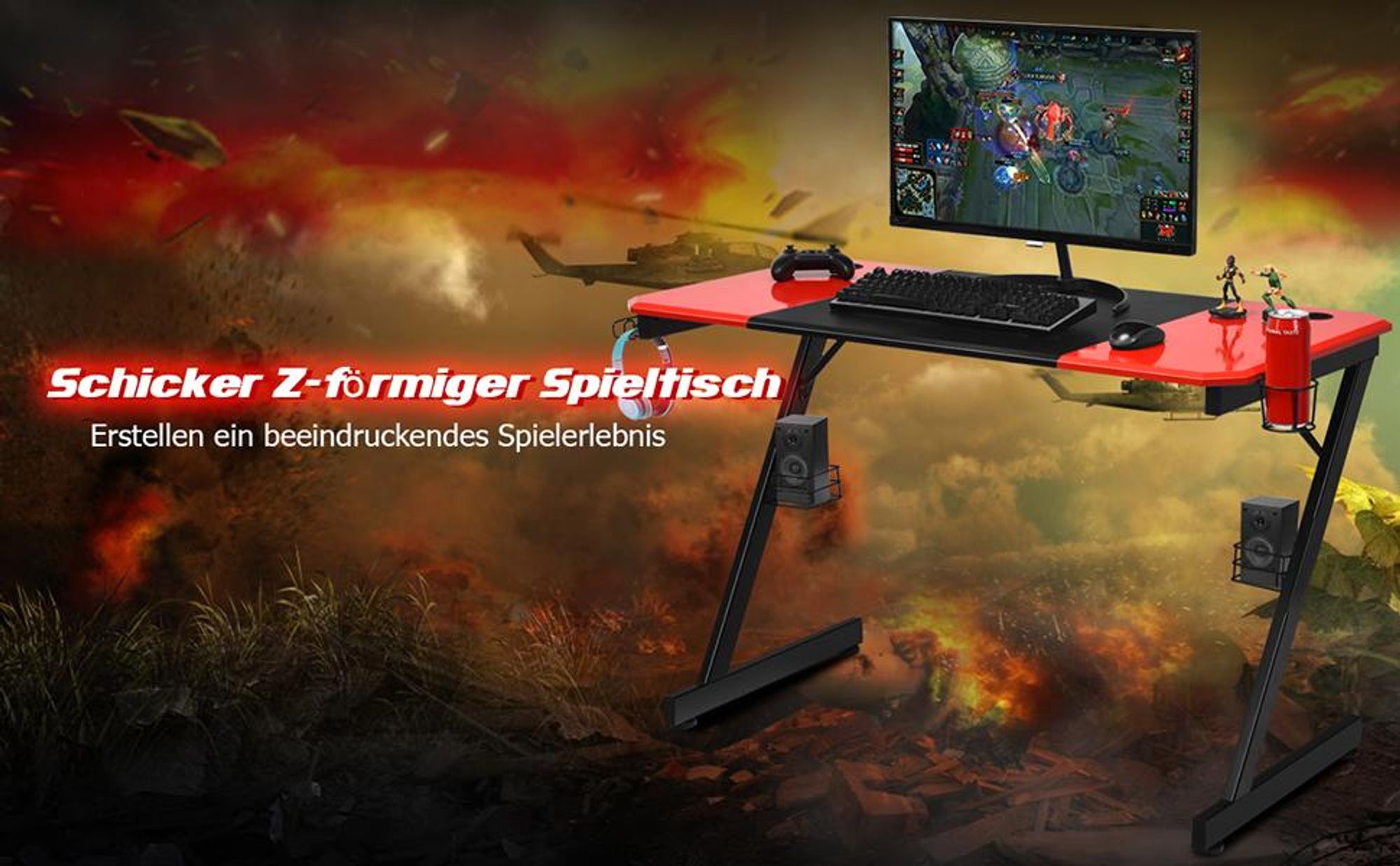 COSTWAY Z-förmige Gaming Tisch, Computertisch, PC Tisch mit Becherhalter, Kopfhörerhaken & Boxenständern, Schreibtisch 120x60x77cm, rot schwarz