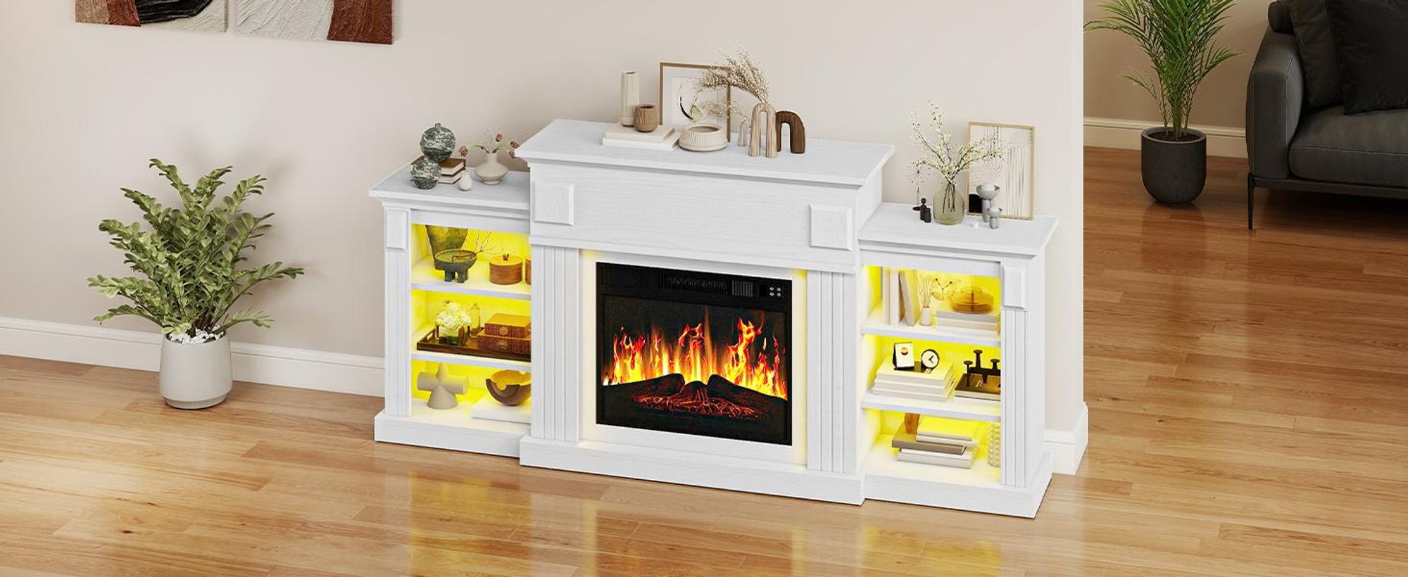 Elektrokamin mit Kaminsims und Schrank, 17–27 °C, Elektrischer Kamin mit Flammeneffekt Kaminofen LED Heizung, mit Fernbedienung