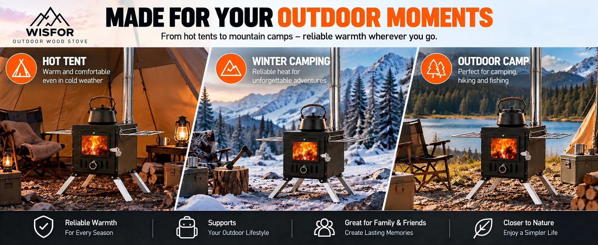 WISFOR Zeltofen Camping-Holzofen mit Sichtfenster, 6 Rauchrohre, faltbar, zum Kochen & Heizen