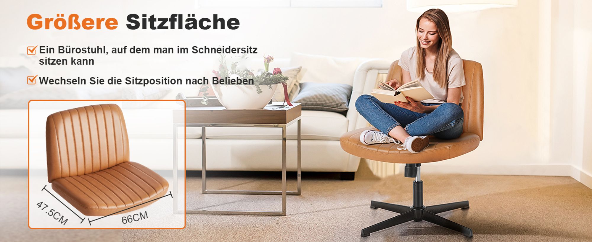 Sweetcrispy Bürostuhl Ohne Armlehne drehstuhl,Atmungsaktives und Bequemes Netzgewebe Criss Cross Chair, Verbreitertem  schneidersitz bürostuhl(Braun)