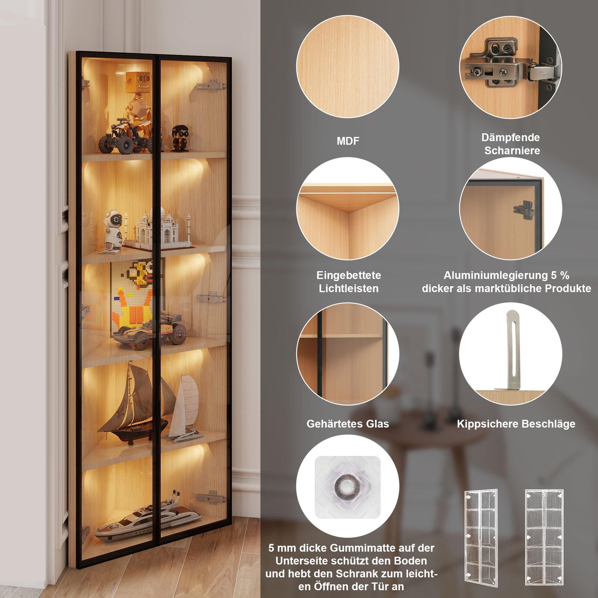 Merax Glasvitrine mit LED Licht, Eckvitrine Hochschrank mit Zwei Glastüren, Stehend Vitrinenschrank, Badezimmerschrank, 62x35x160cm, Oak