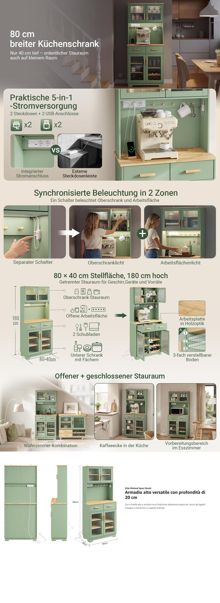 SoBuy Holzvitrine mit Glastür, Küchenregal mit Steckdose, Esszimmer Sideboard mit Schubladen Aufbewahrungsschrank mit Steckdosen Grün Skandinavisch FSB108-E-GR