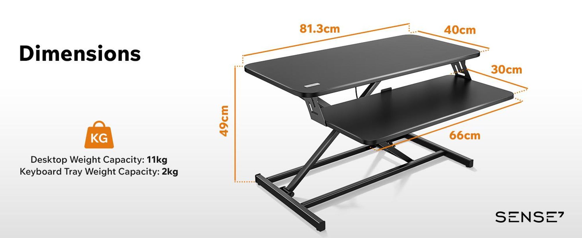 SENSE7 Desktop – konvertor, čierny, ergonomický stolný nadstavec, výškovo nastaviteľná pracovná stanica na sedenie a státie, 81 x 40 cm, kancelársky stojací pult, držiak na monitor, PC