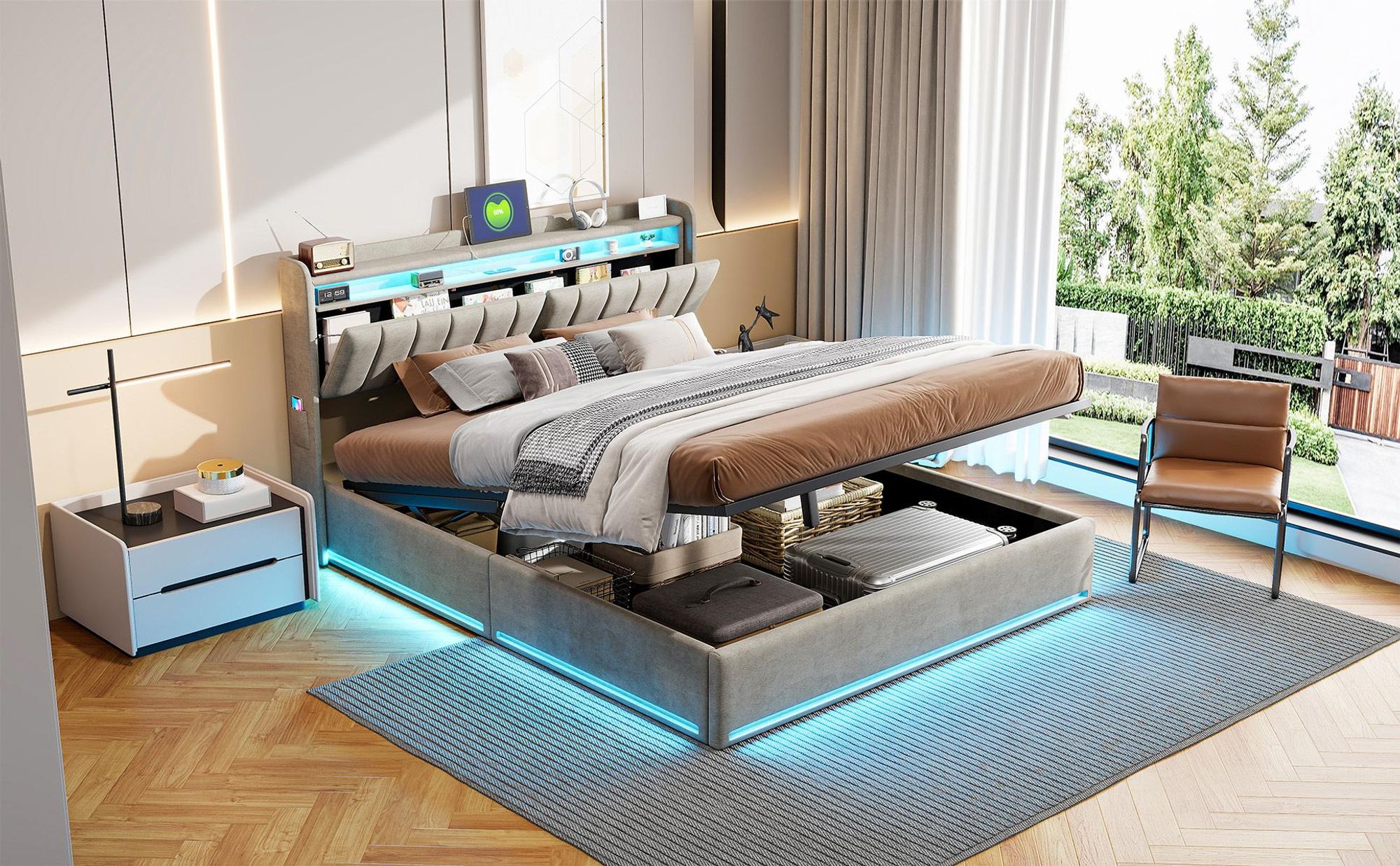INONEFT Boxspringbett 160×200 mit LED &USB ,Polsterbett mit Stauraum,Hydraulisches Doppelbett, Samt, Grau.