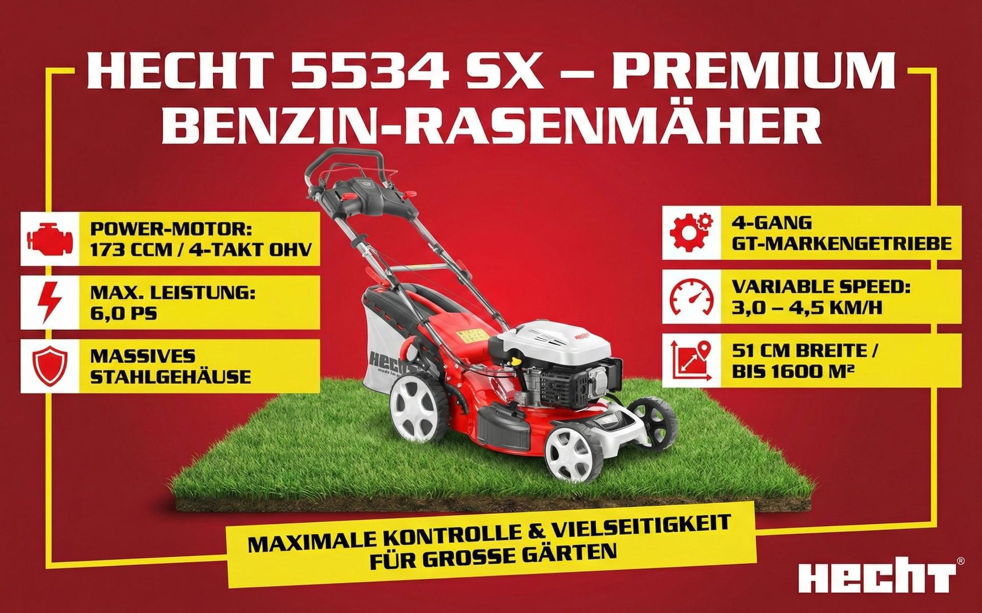 HECHT 5534 SX Rasenmäher Benzin | mit Antrieb | 5in1 | 51 cm Schnittbreite | 60L | Fangkorb | Mulchkit | Zentrale 7-fach Höhenverstellung