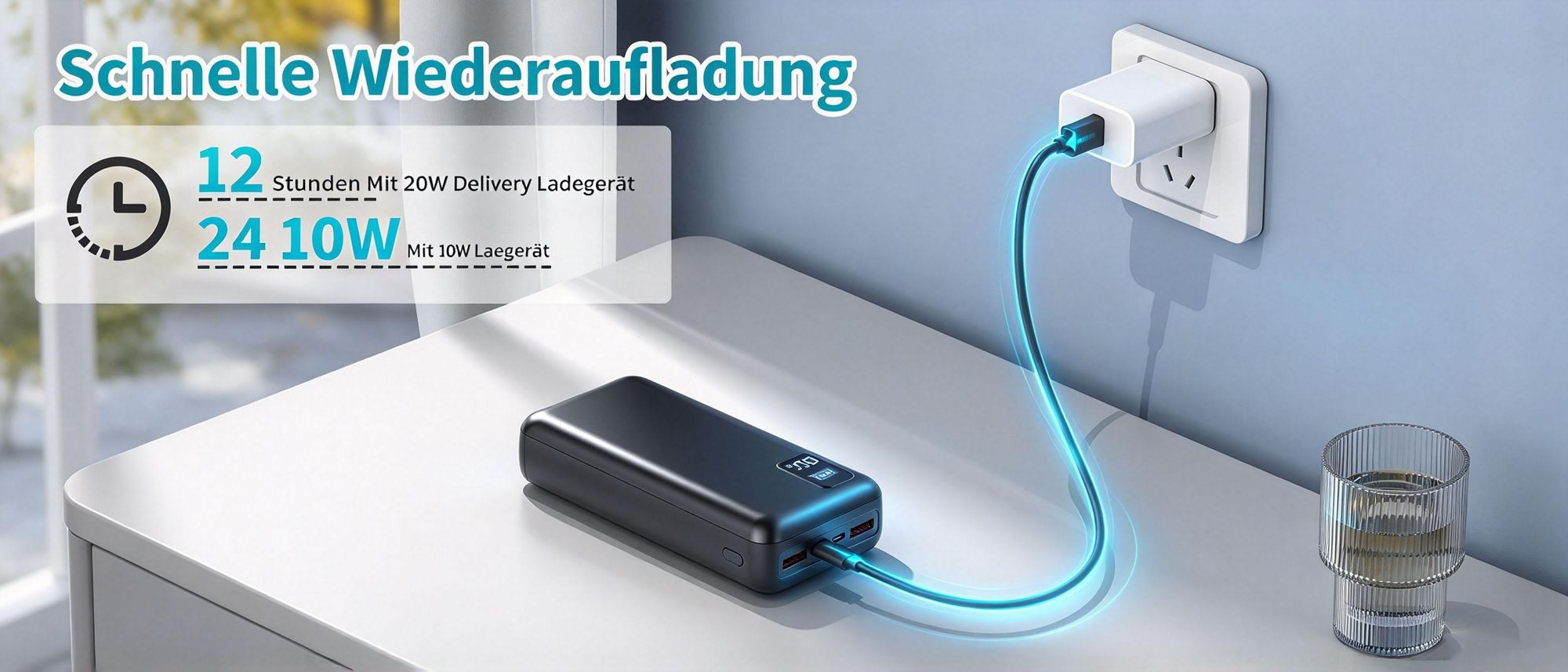 Powerbank, 50000mAh Externer Akku, 22,5W Schnellladegerät, Tragbares Ladegerät, mit LED Display, 3 Ausgängen 2 Eingängen, für iPhone/Samsung