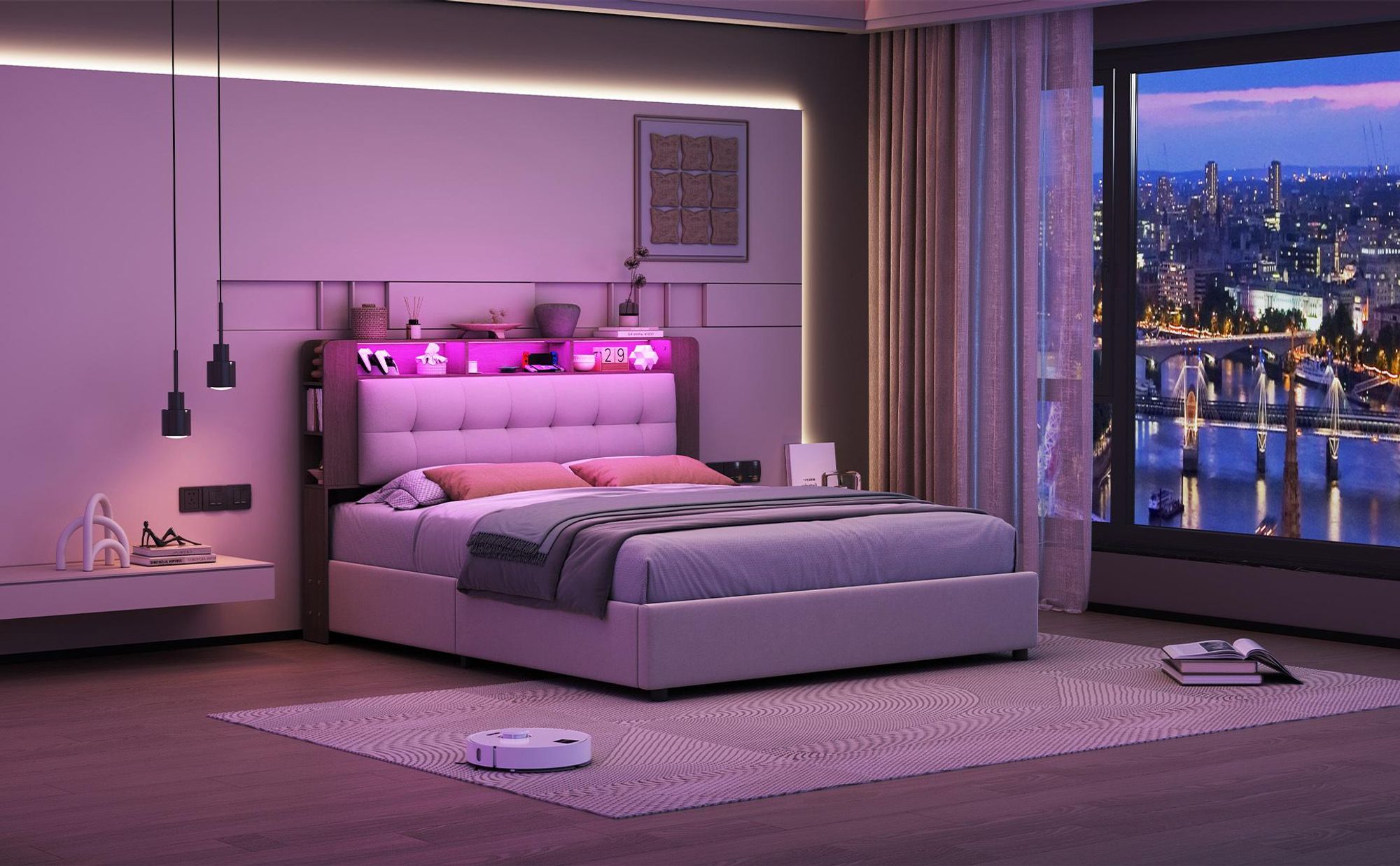 INONEFT Boxspringbett 140×200 mit LED und Kabelloses Laden,Polsterbett,Hydraulische Stauraumbett Jugendbett mit Lattenrost und Bettkasten, Samt,Beige.