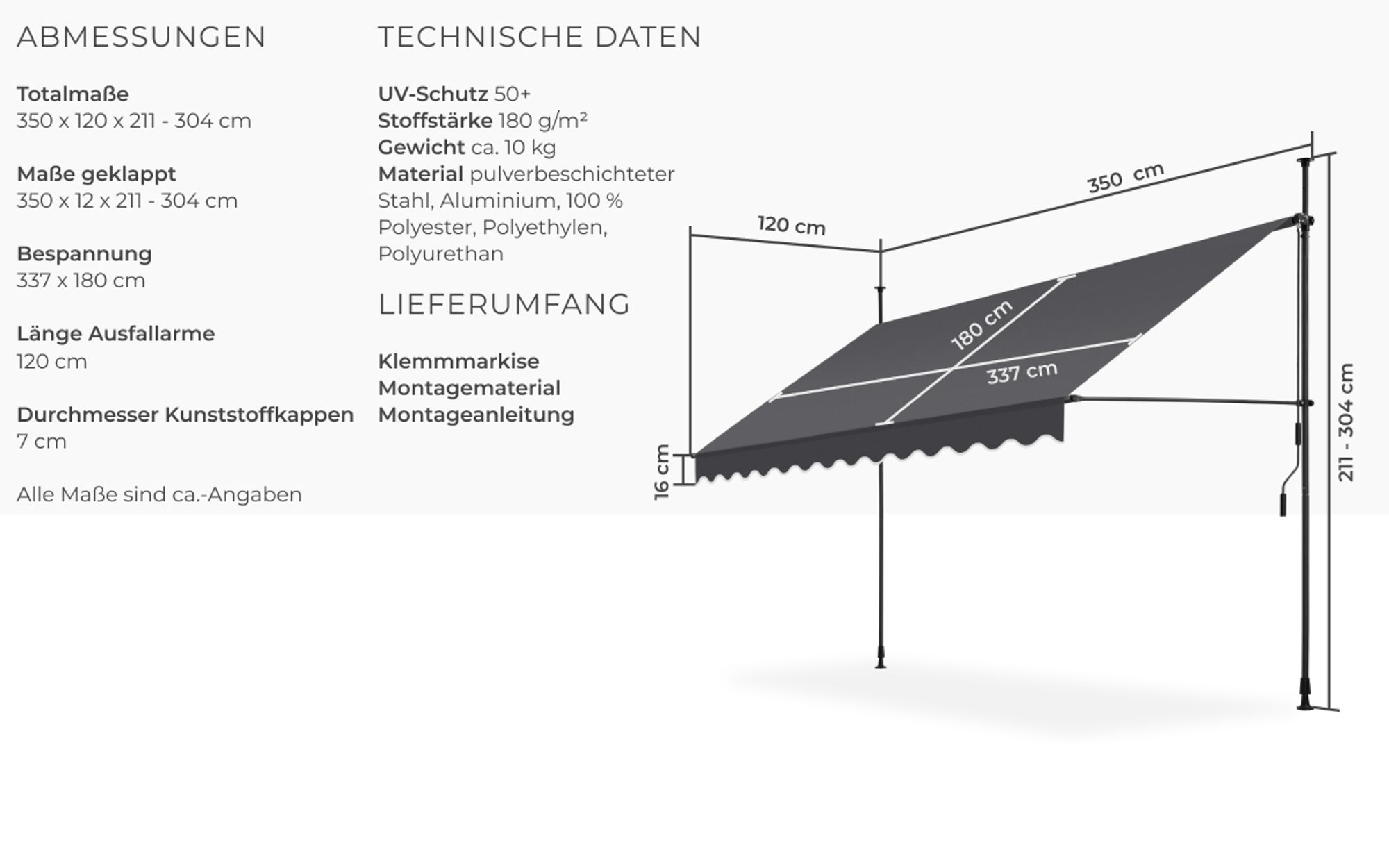 tectake® Klemmmarkise mit Handkurbel einfache Montage