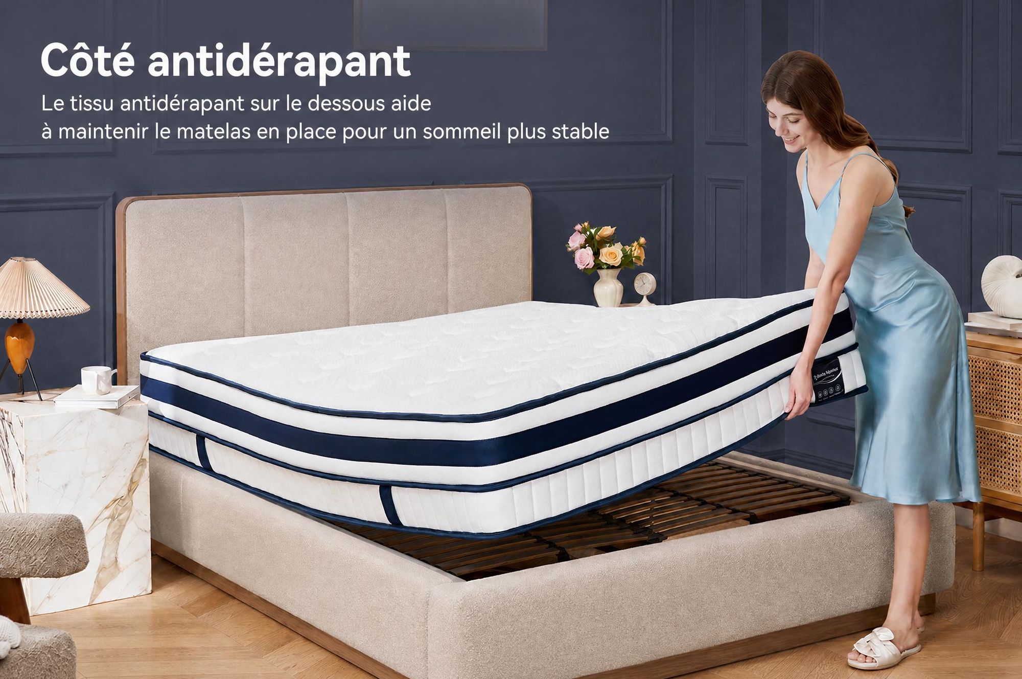 Matelas 90x200 cm, hauteur 30 cm, avec topper intégré, matelas à ressorts ensachés 7 zones, fermeté H3/H4