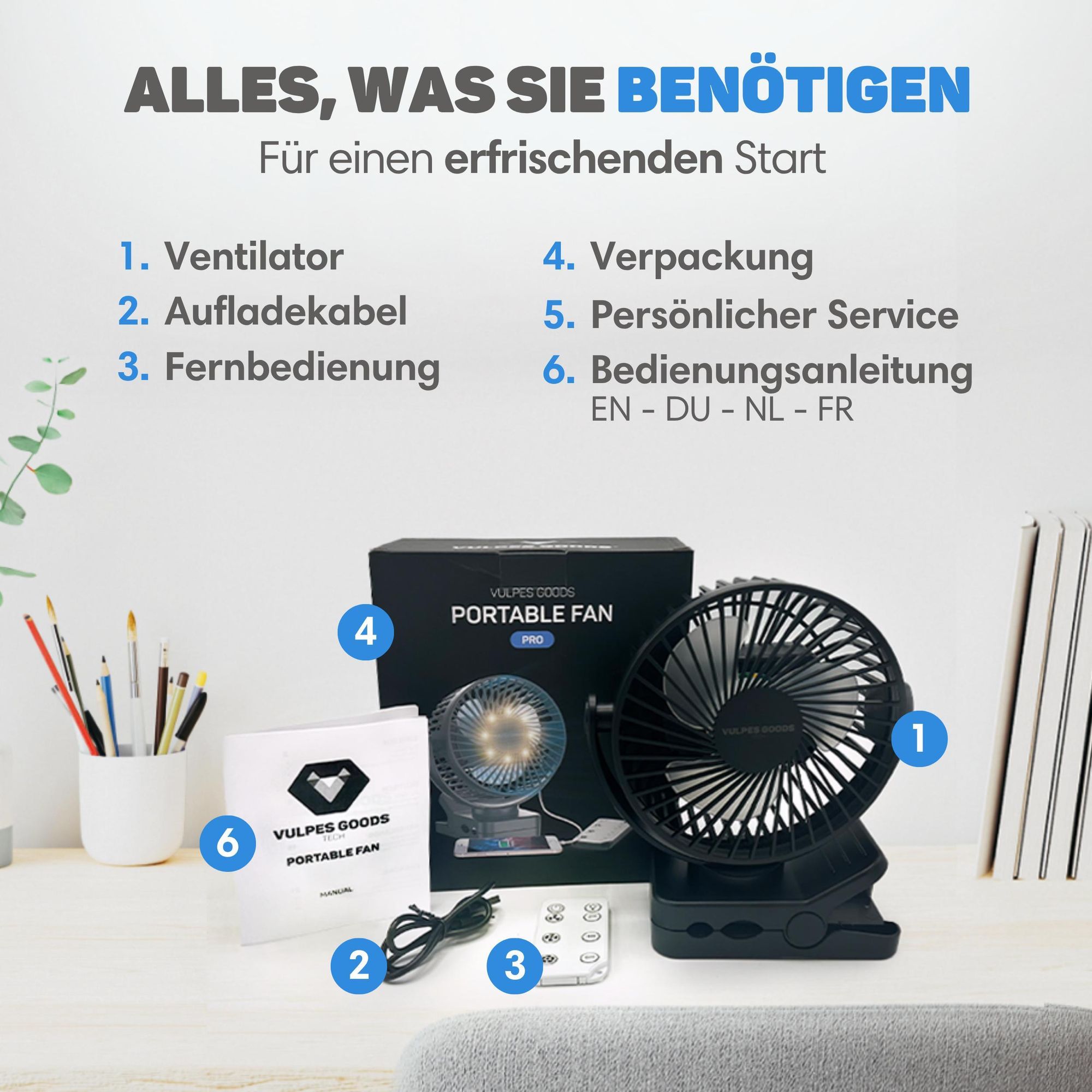 Vulpes Goods Mini Ventilator, Tischventilator, Handventilator, Wiederaufladbar, 3 Geschwindigkeiten, Verlichting, Powerbank-Funktion, 12000 mAh