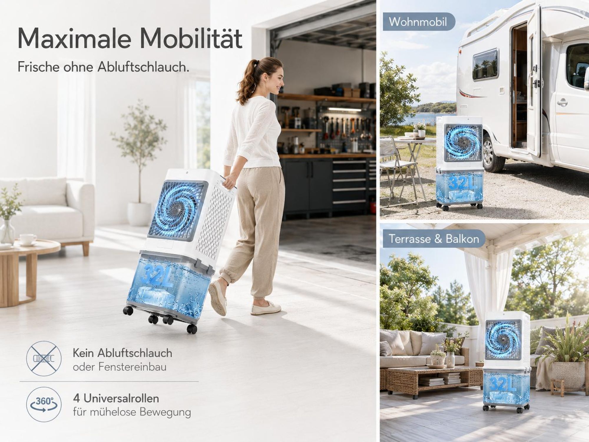 32L Klimagerät Mobil Ohne Abluftschlauch 70W Klimaanlage mit 4 Eisboxen 30H Laufzeit 30dB Leise Ventilator Mit Wasserkühlung Wohnung Zimmer Räume 85cm
