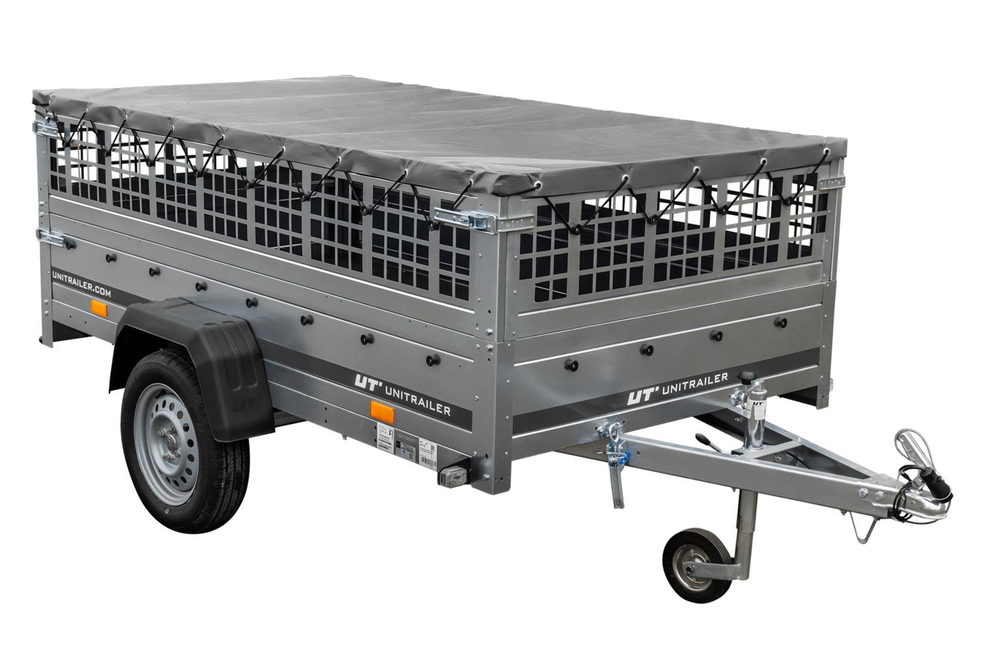 PKW-Ahänger 230x125 UNITRAILER GARDEN 230 KIPP mit Gitteraufsatz und grauer Plane