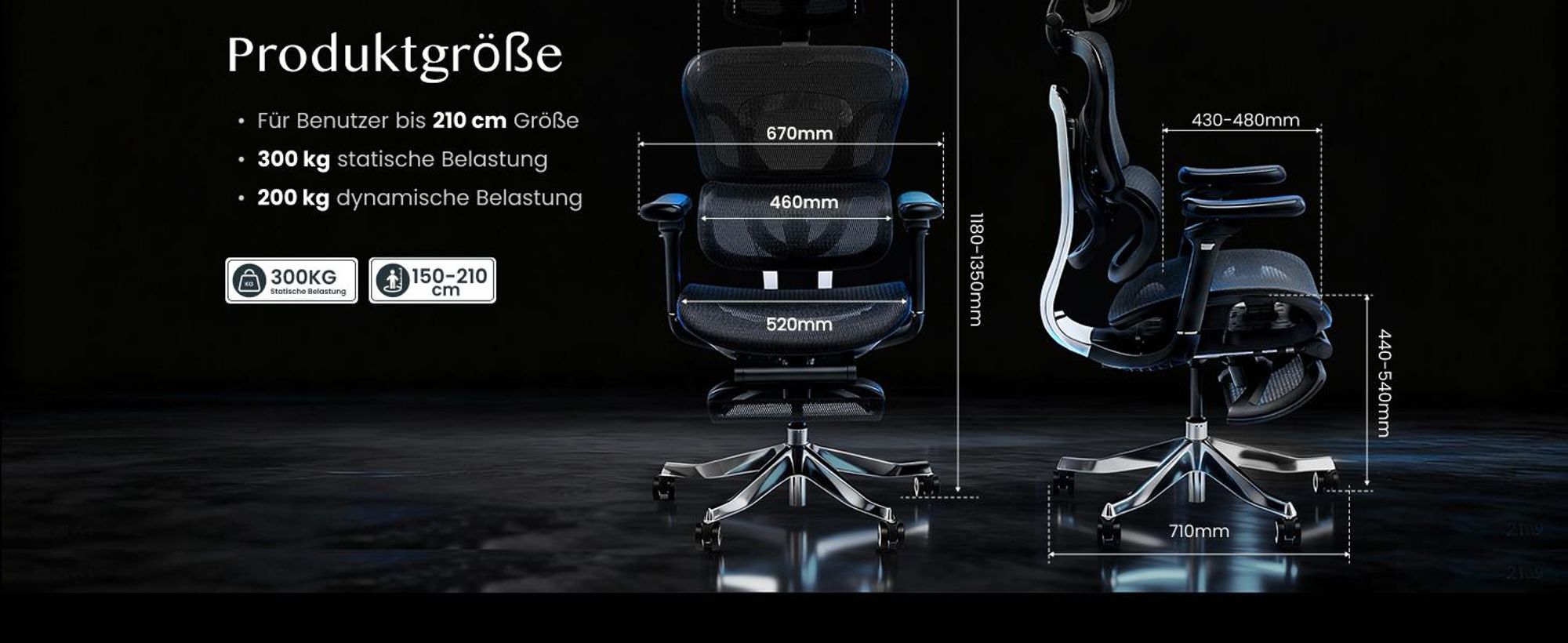 FLEXISPOT ErgoX Max Ergonomischer Bürostuhl bis 300 kg, mit Fußstütze, 4D Kopfstütze & 5D Armlehnen, Einteiliger Rücken- & Lendenstütze, Schwarz
