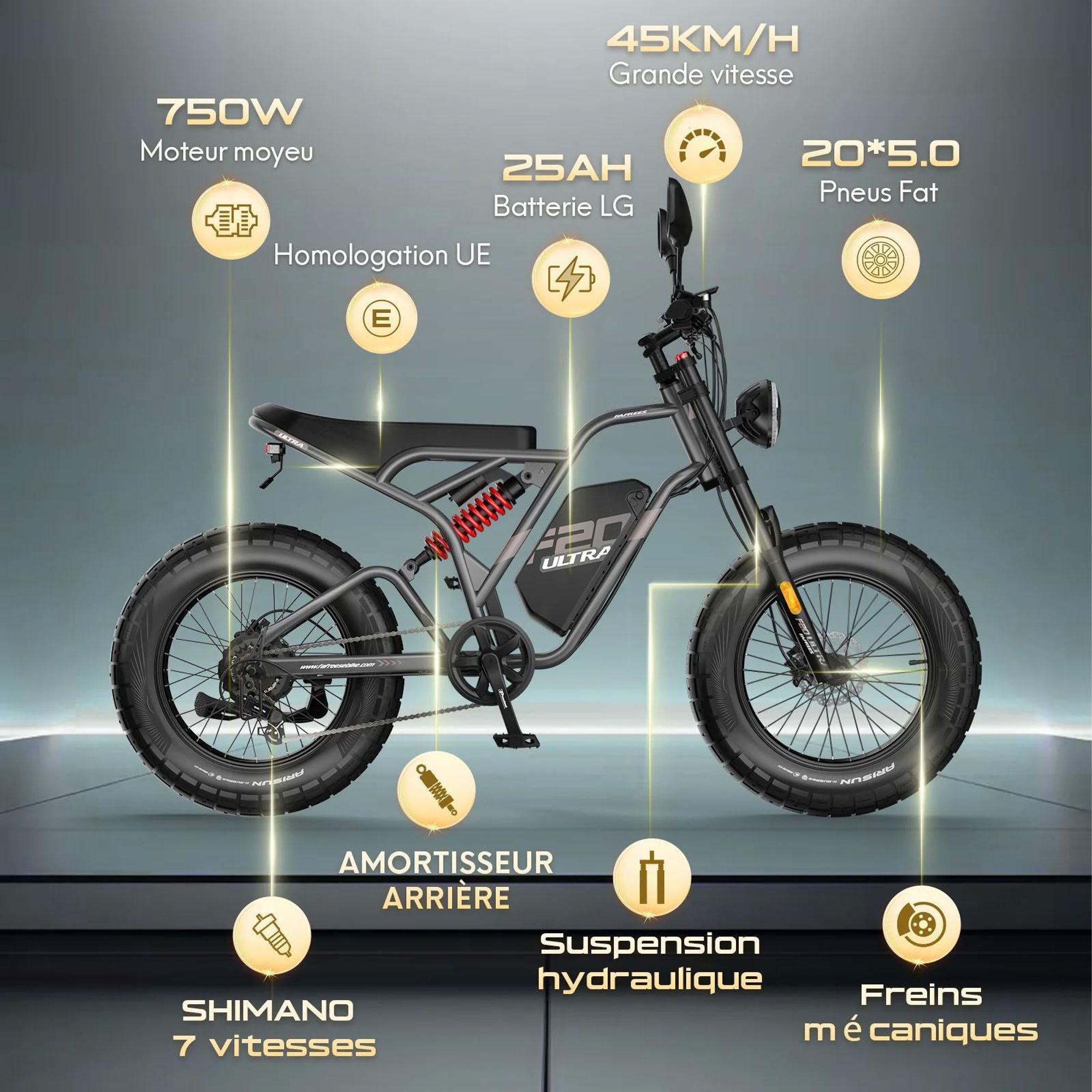 Vélo électrique FAFREES F20 Ultra (Homologation UE L1e-B) - batterie 48V25Ah pneu large 20 pouces freins mécaniques - Gris