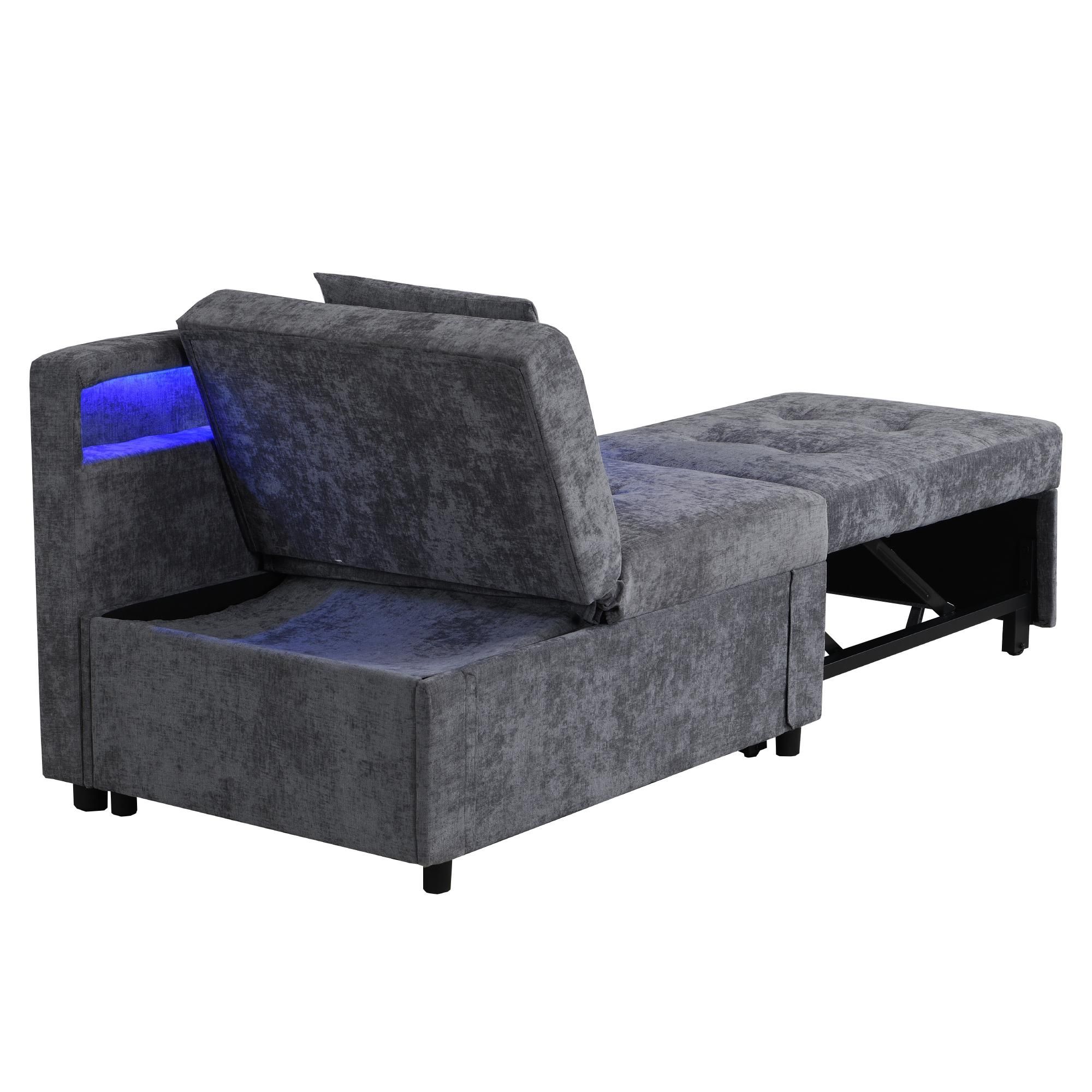 Flieks Schlafsofa mit Ladefunktion und Led, Polstersofa Sessel mit Kissen und Verstellbare Rückenlehne, Tagesbett Daybed, Leinen, Hellgrau