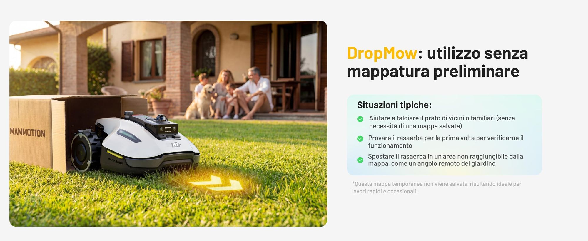 Robot tagliaerba Mammotion YUKA Mini 2 1000 con garage, senza filo, fino a 1000 m², 360 LiDAR + Visione AI, DropMow, mappatura auto, taglio bordi, APP