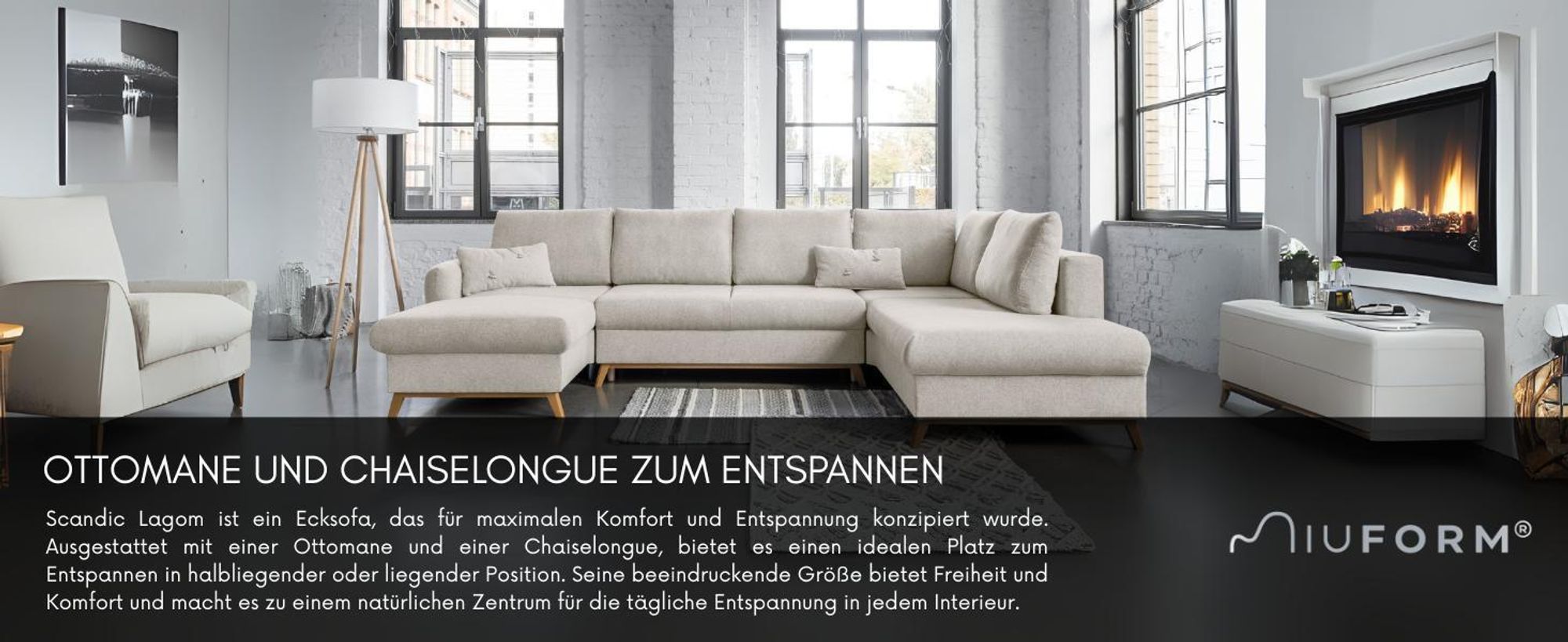 MIUFORM Scandic Lagom - Ecksofa mit Bettfunktion und Bettkasten U-FORM LINKS - 312x202 cm - Beige - Sofa Schlafsofa Couch