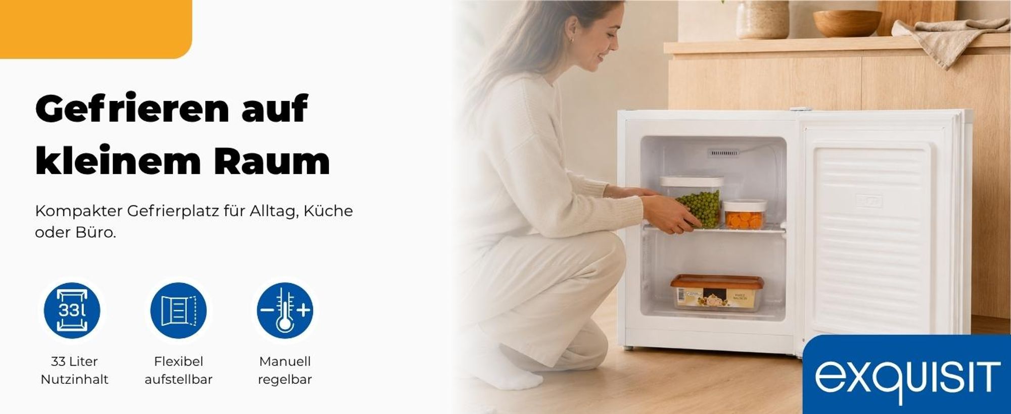 Exquisit Mini-Gefrierschrank, Gefrierschrank klein, 33 Liter, 4-Sterne-Gefrierfach, Kompakt, Temperaturregelung, GB505-040E weiss