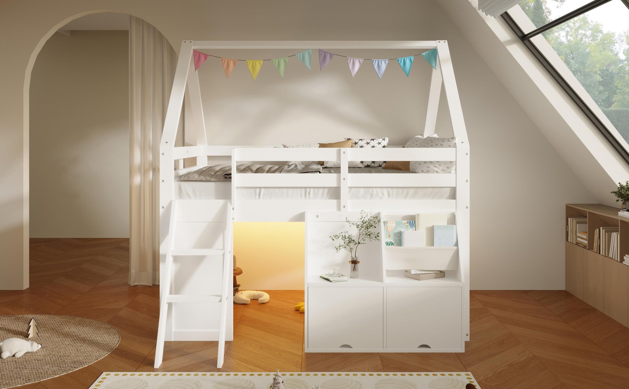 Merax Hochbett Hausform 140x200 cm mit Treppe, LED Beleuchtung, Klappen, Stofftaschen, Etagenbett, Stockbett, Massivholz Kinderbett, Jugendbett, Weiß