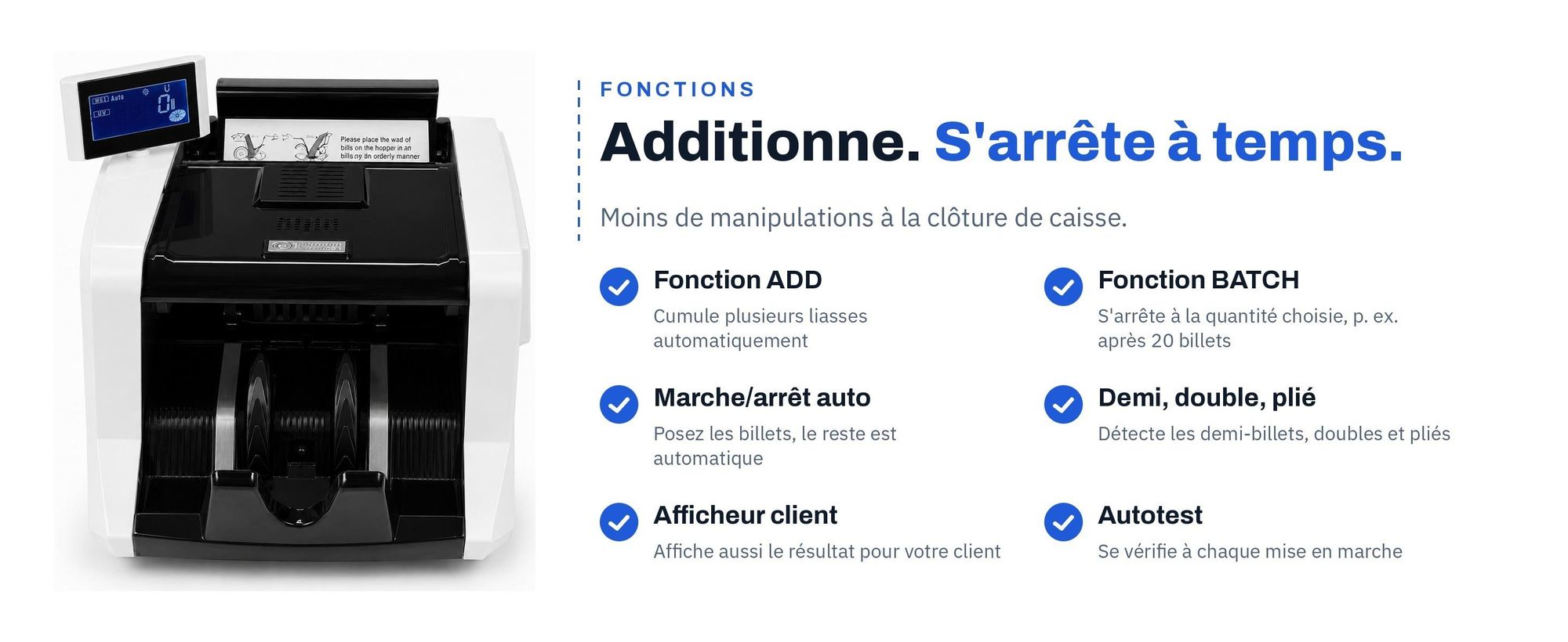 Fonctions du SCANNUM 1200-S : ADD, BATCH, démarrage auto, afficheur client et autotest
