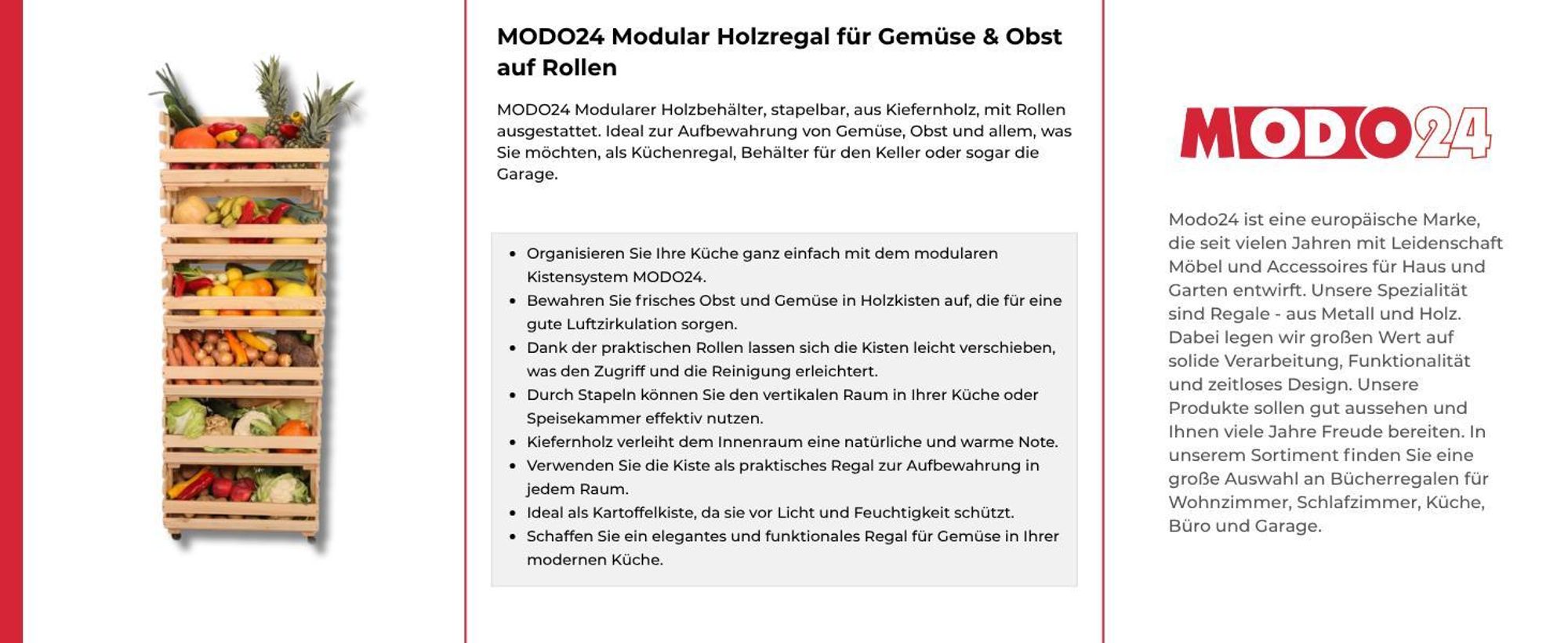 MODO24 Gemüseregal Holz, 5 Holzkisten, Kartoffelsteige, Obstregal, Rollenregal, Stapelbar, Vorratsregal, Massivholz Kiefer, 132x37x30 cm, Natur, RAWA