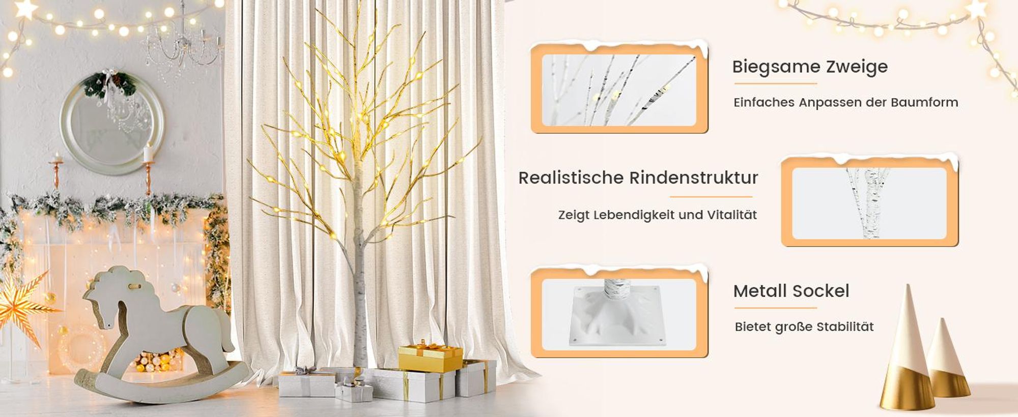 COSTWAY 180cm LED Lichterbaum, Birkenbaum mit warmweißen LED-Leuchten, künstlicher Weihnachtsbaum, Tannenbaum, Christbaum, Kunstbaum, Dekobaum