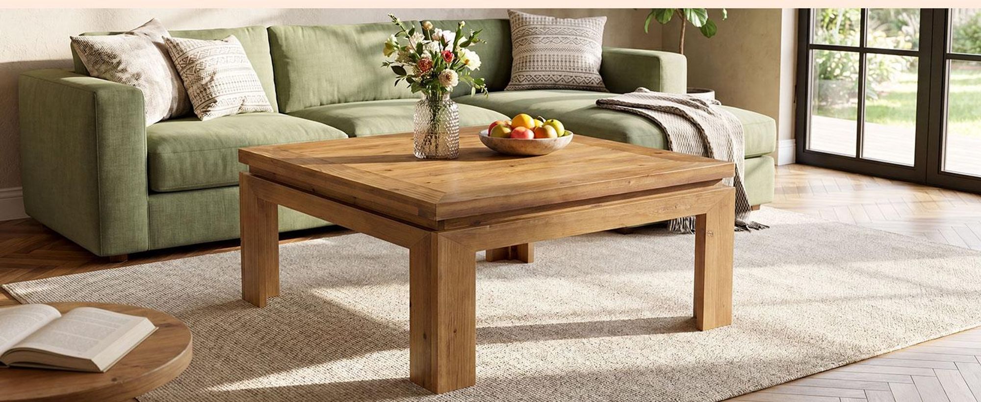 Tribesigns Massivholz Couchtisch 100x100 cm, Quadratischer wohnzimmertisch Holz mit vertieftem Kantendesign, einfache Montage, Wohnzimmer, Naturbraun