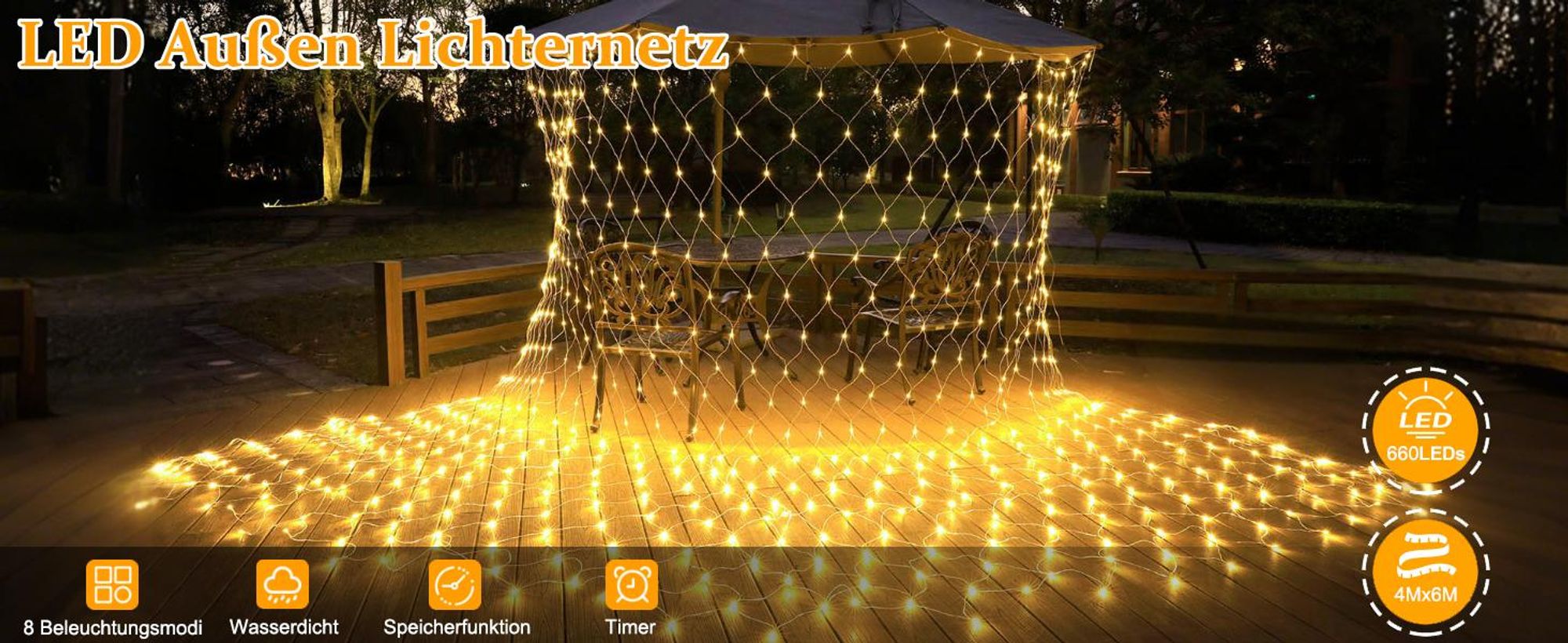 4x6M LED Lichternetz 8 Lichtmodi Wasserdicht Lichterkette mit Timer und Memory Funktion für Weihnachten Garten Hochzeit Deko