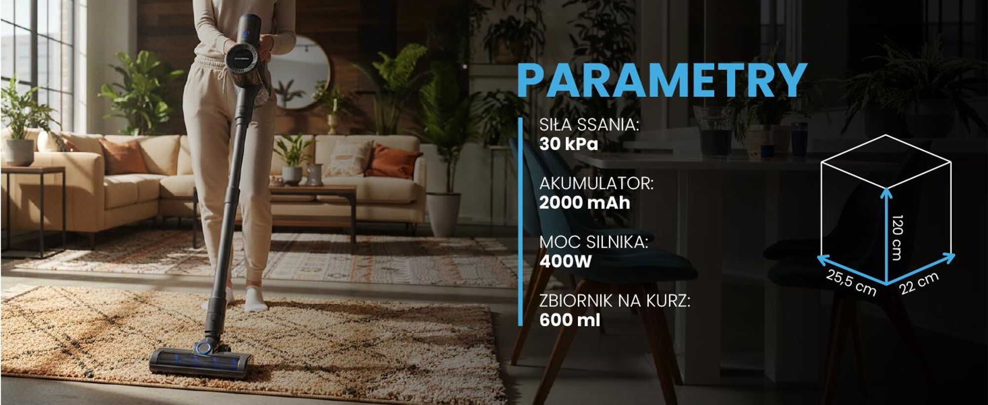 Cyklonowy odkurzacz bezworkowy z akumulatorem i mocą 30000Pa
