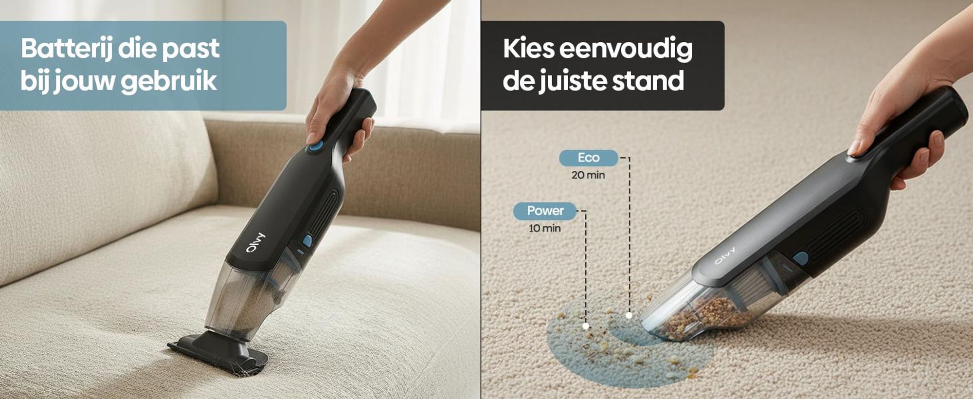 Olvy handstofzuiger, accuvoeding, zonder zak, mini stofzuiger met borstelloze motor, inclusief opzetstukken, ideaal voor auto, bank, meubels en dierenharen