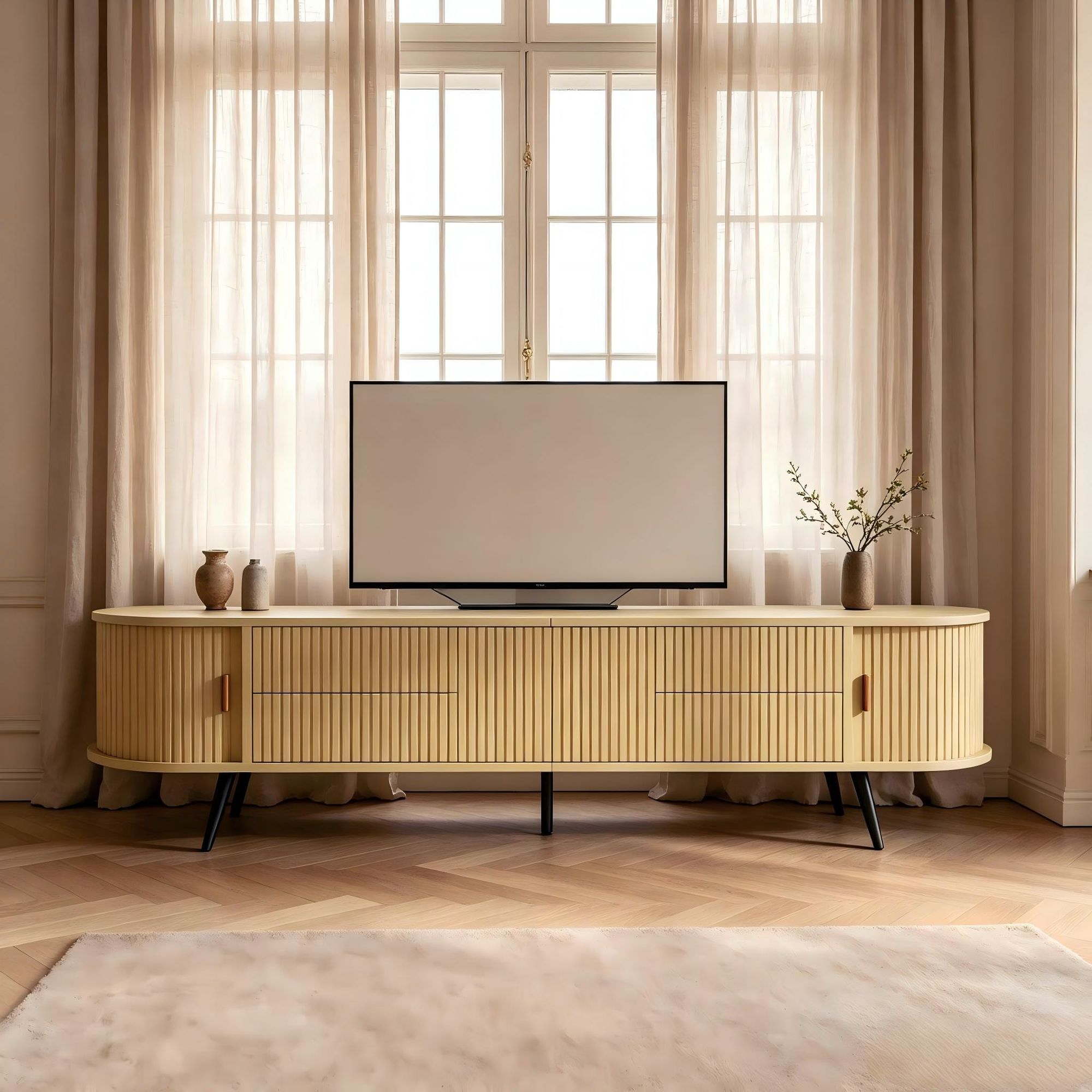 Merax Ovaler TV-Ständer  mit 4 Schubladen und 2 Rolltüren, TV Möbel bis 80 Zoll mit separaten Schrankfach, Lowboard Wohnzimmerschrank, Natur