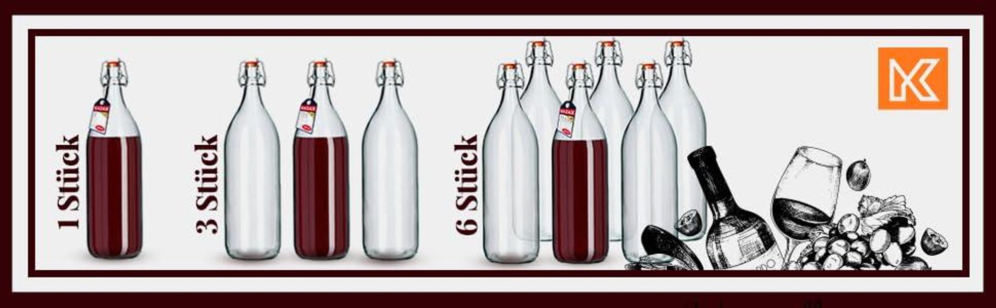 KADAX Glasflasche "Torano", Flasche, Likörflaschen, Ölflasche, Essigflasche, 2L, 6 Stück