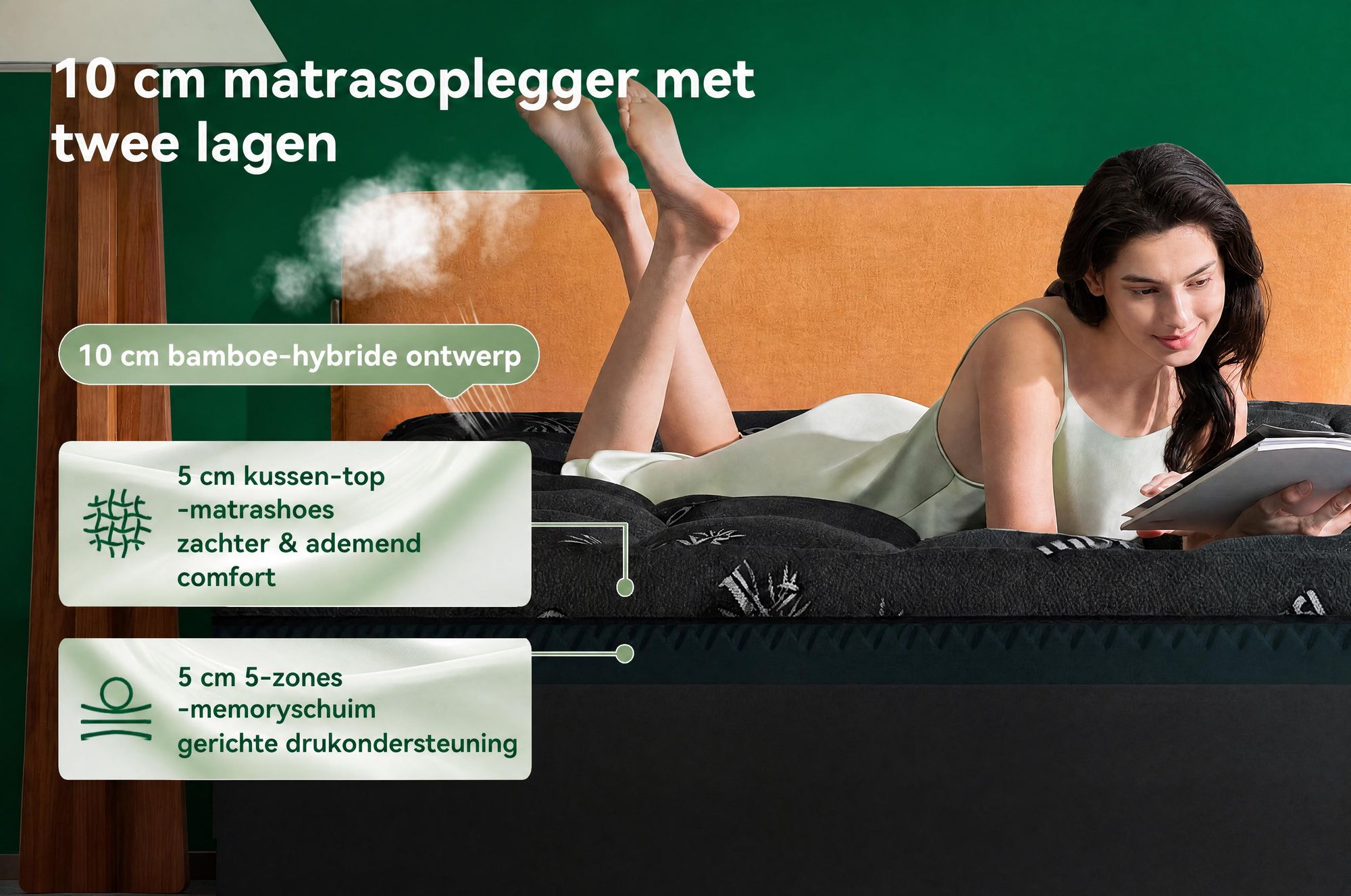 NicePlus 2-in-1 Topper, 140x200x10 cm, traagschuim met 5 zones + bamboe toplaag, met hoekelastieken geschikt voor alle matrassen, H2/H3, zwart