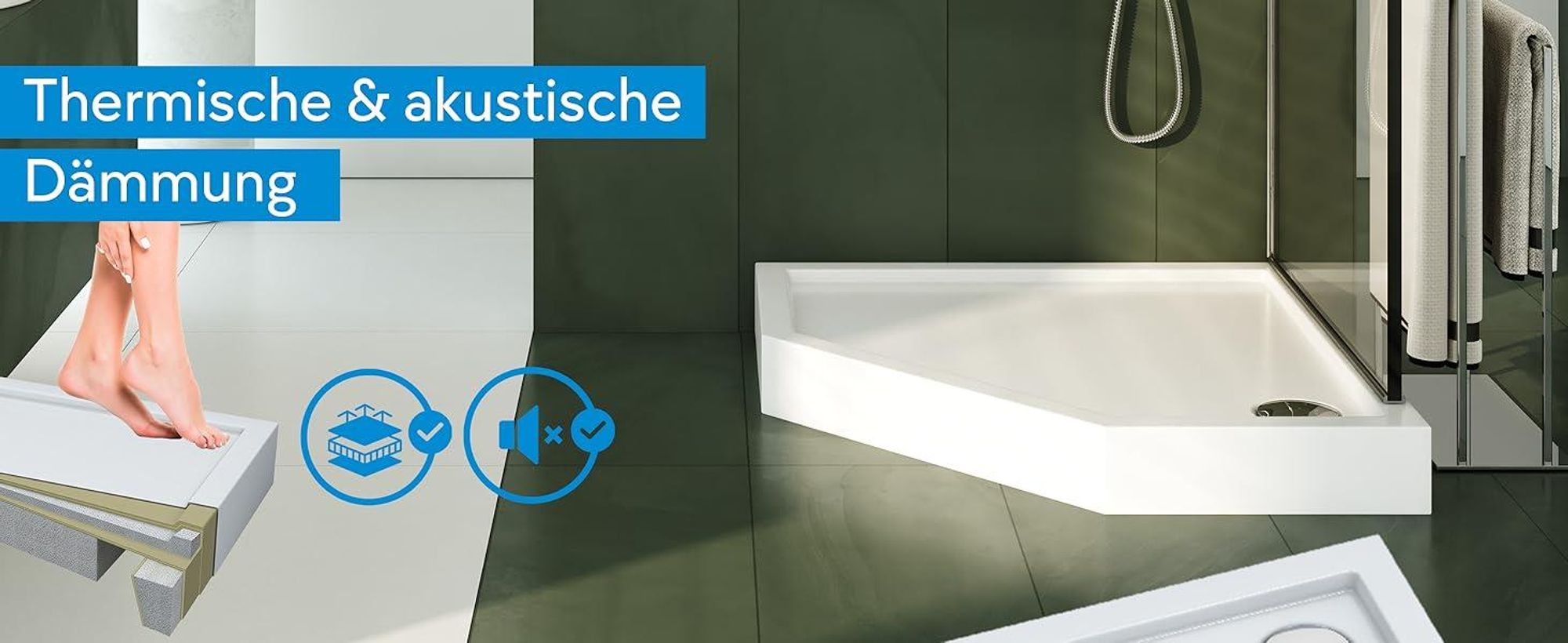 AQUABAD® Duschwanne Komplettset Ultima LeakProtect® Smooth White 90x90cm Fünfeck mit Ablaufgarnitur Alcadrain A49CR