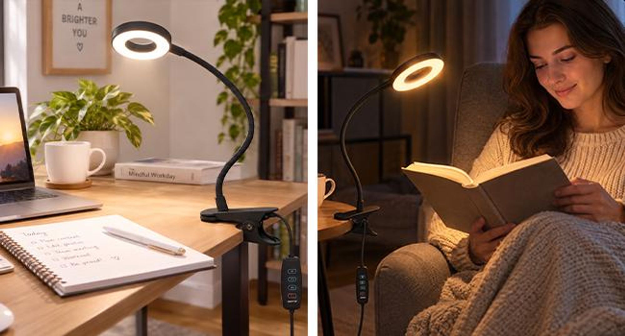 KRUMAD Leselampe, Leselampe mit Klemme, LED Klemmleuchte für Bett und Schreibtisch, 48 LEDs, 3 Lichtmodi, 10 Helligkeitsstufen, USB, Schwarz